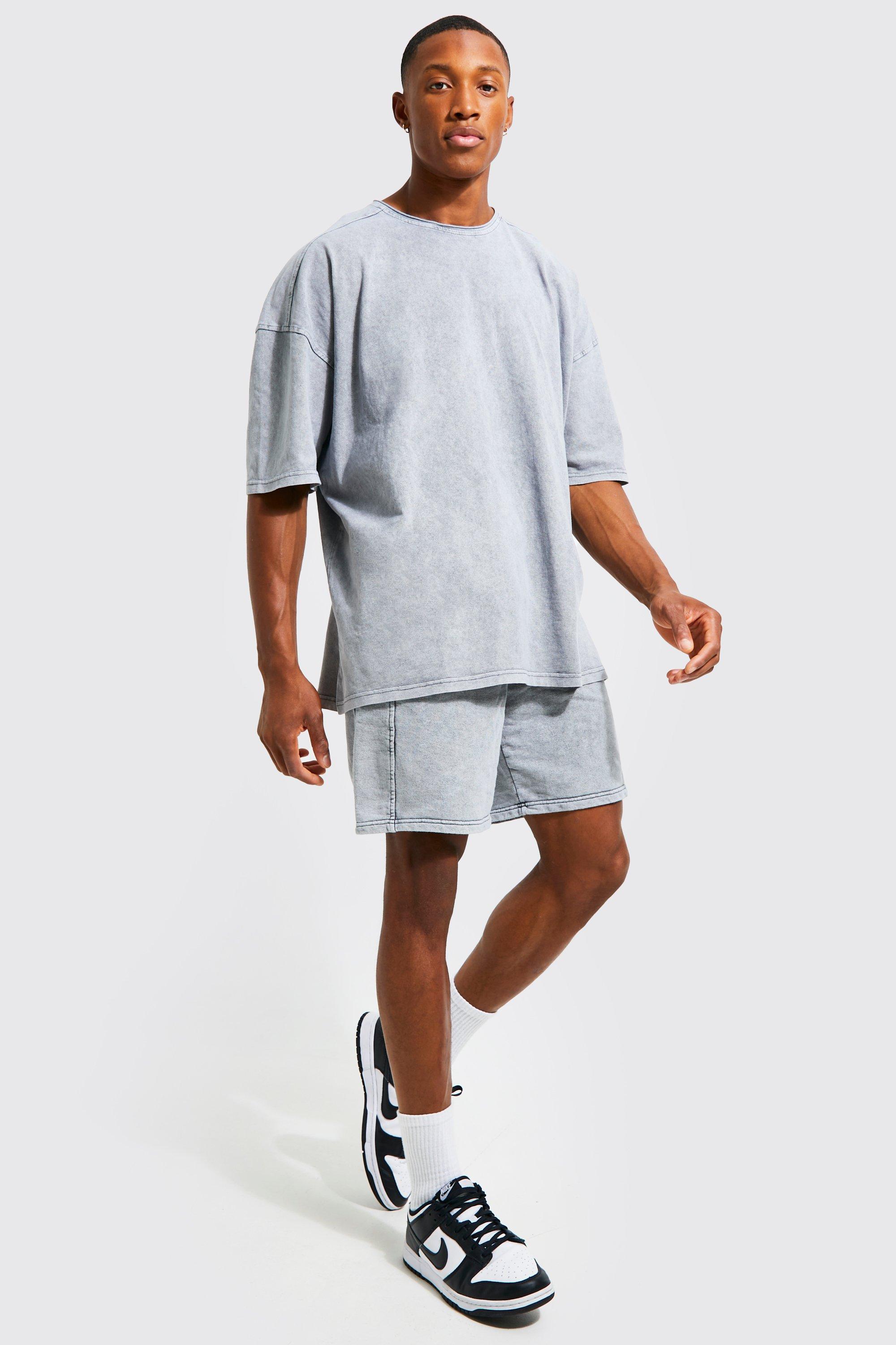 Mens Grey Washed Drop Shoulder T-shirt & Short Set, Grey