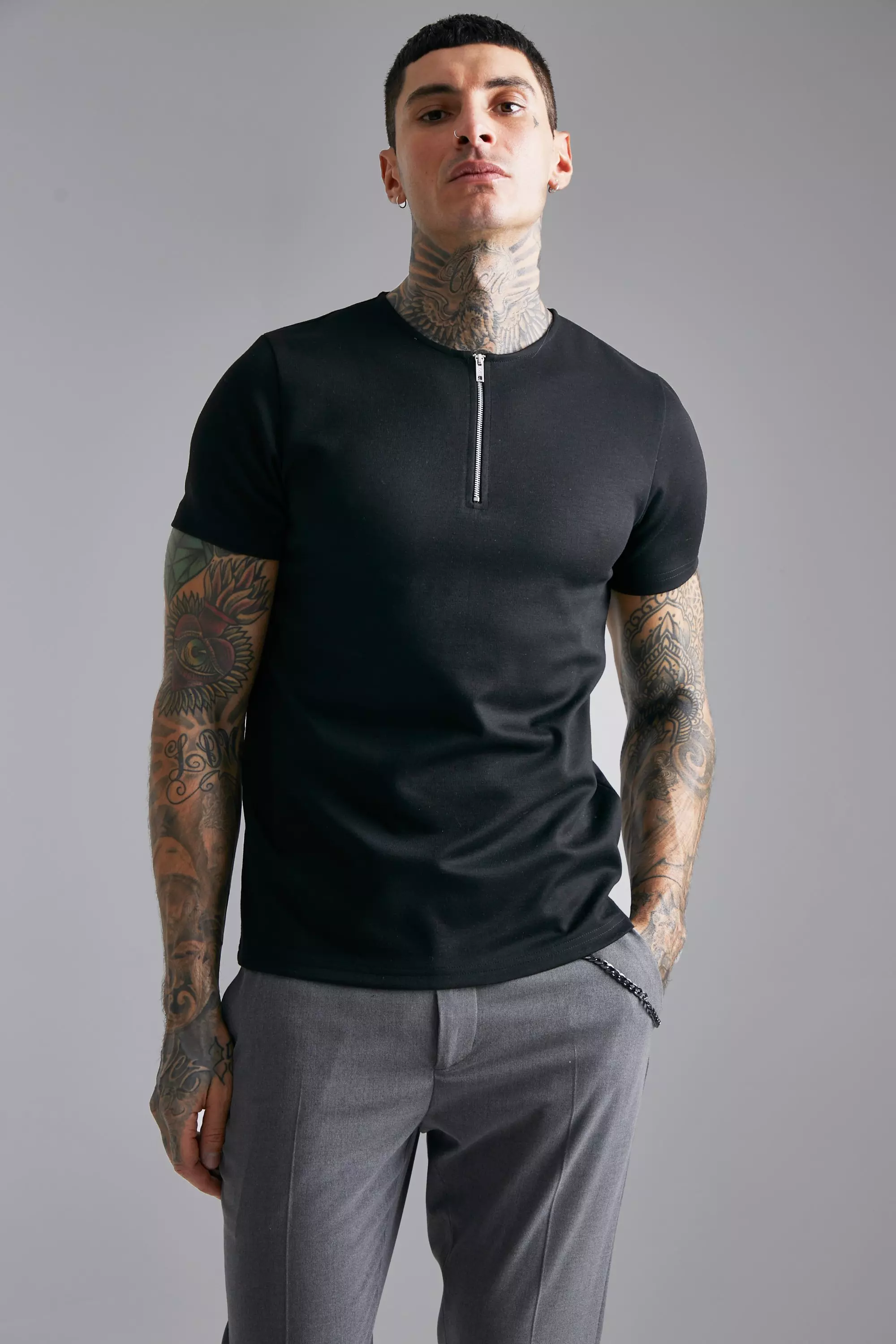 Slim 1/4 Zip Collarless Polo | boohooMAN USA