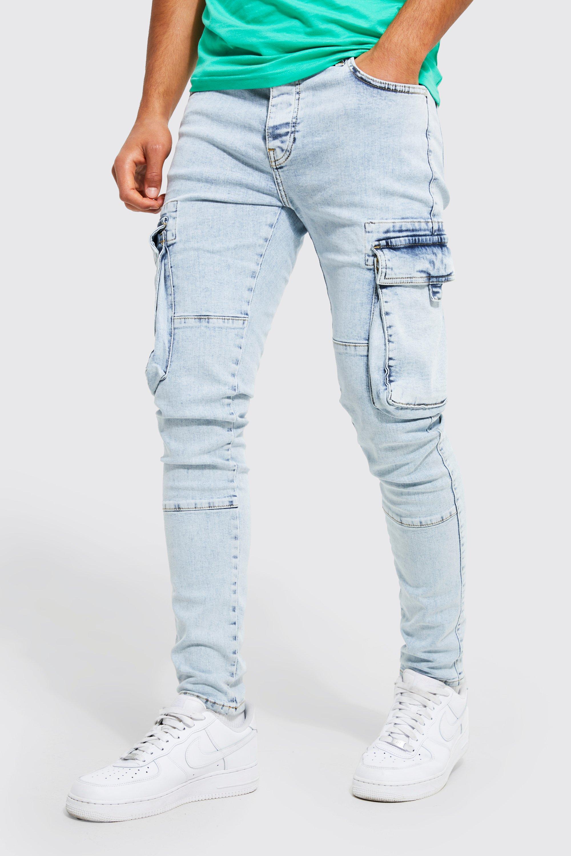 Boohoo Stretch Cargo Skinny Jeans Met 3D Zakken, Ice Blue