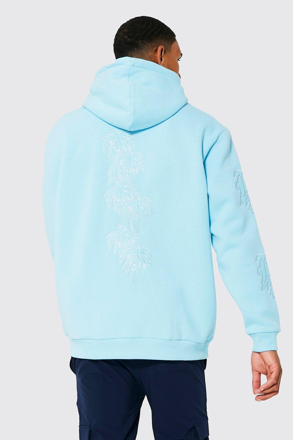 mens blue tall loose fit palm embroidered hoodie, blue