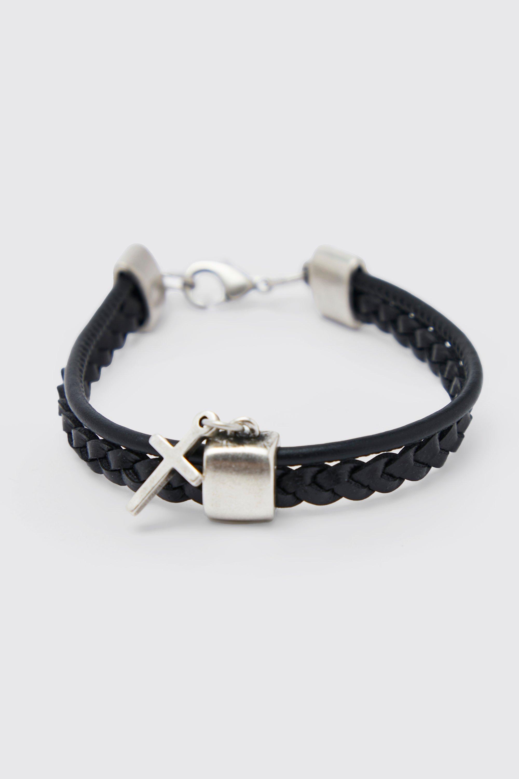 Mens Black Rope Cross Bracelet, Black