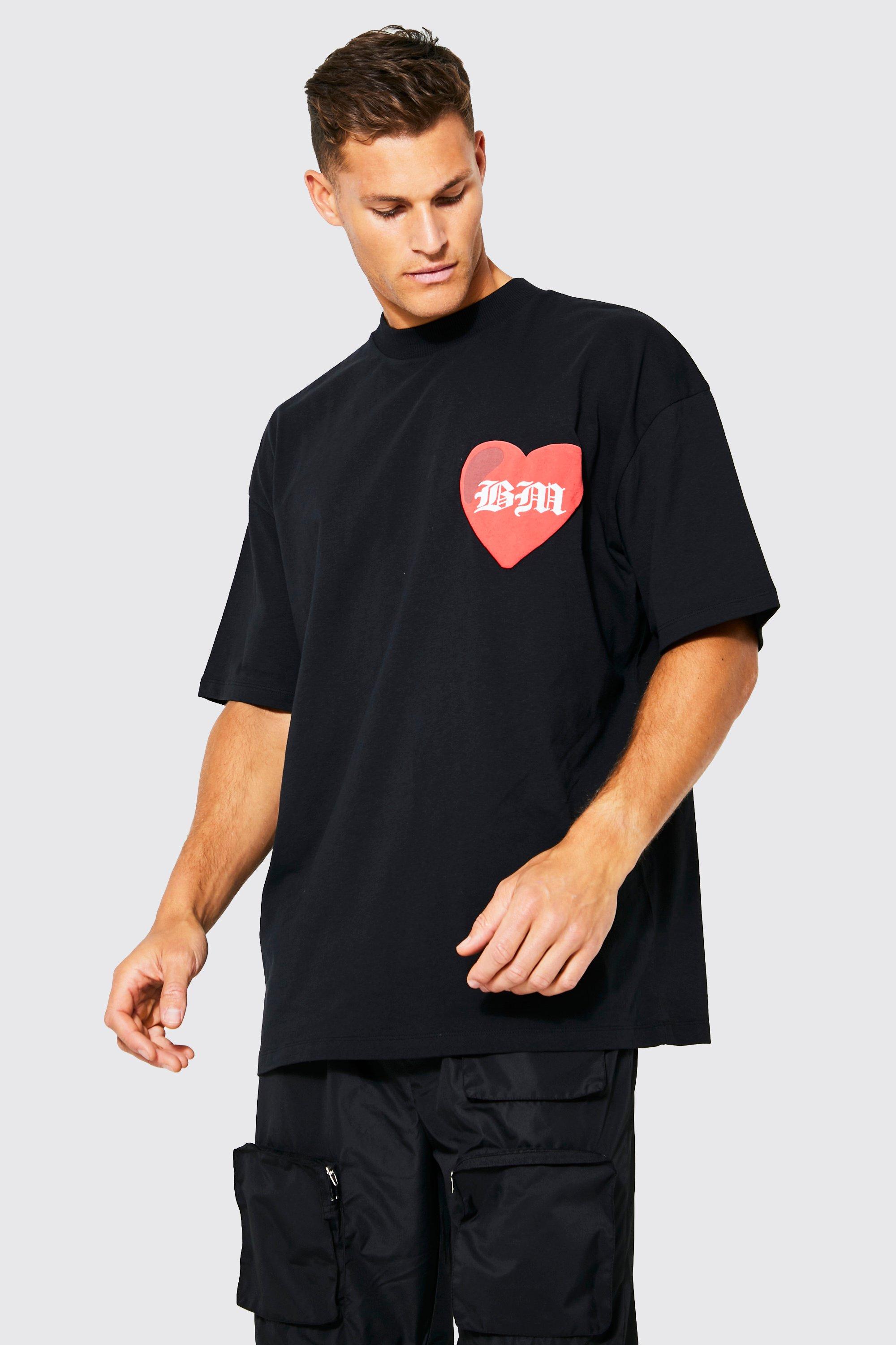 Mens Black Tall Oversized Bm Heart Puff Print T-shirt, Black