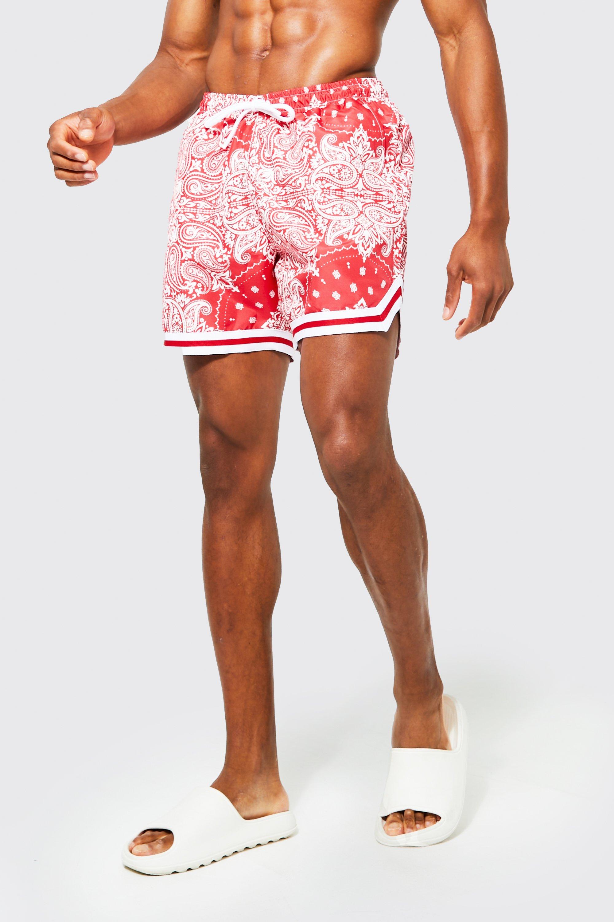 men's mid bandana basketball swim shorts - red - l, red
