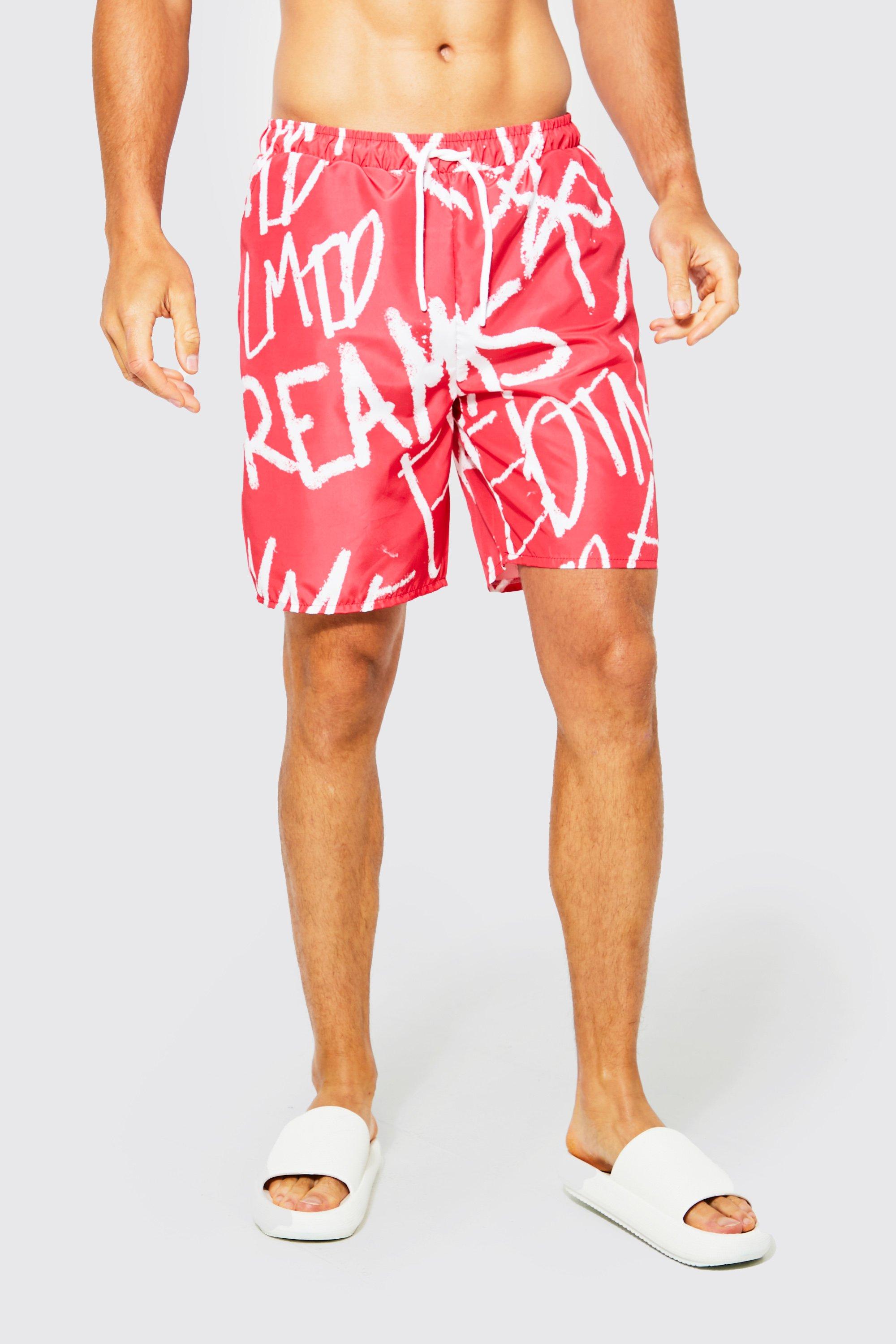 Mens Red Tall Mid Length Graffiti Swim Shorts, Red
