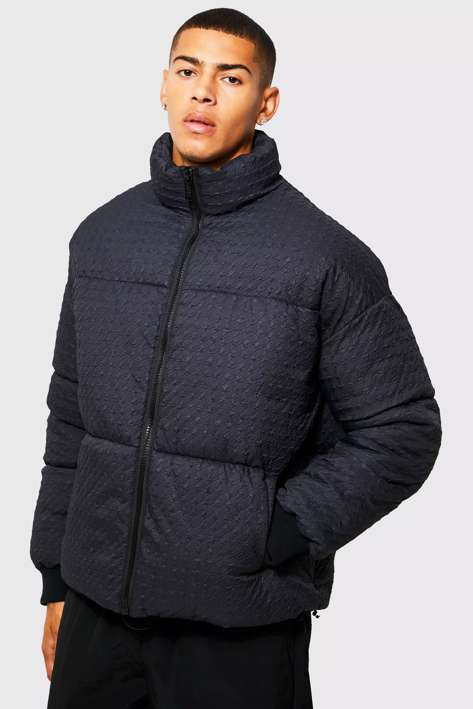 Textured Funnel Neck Puffer boohooMAN UK