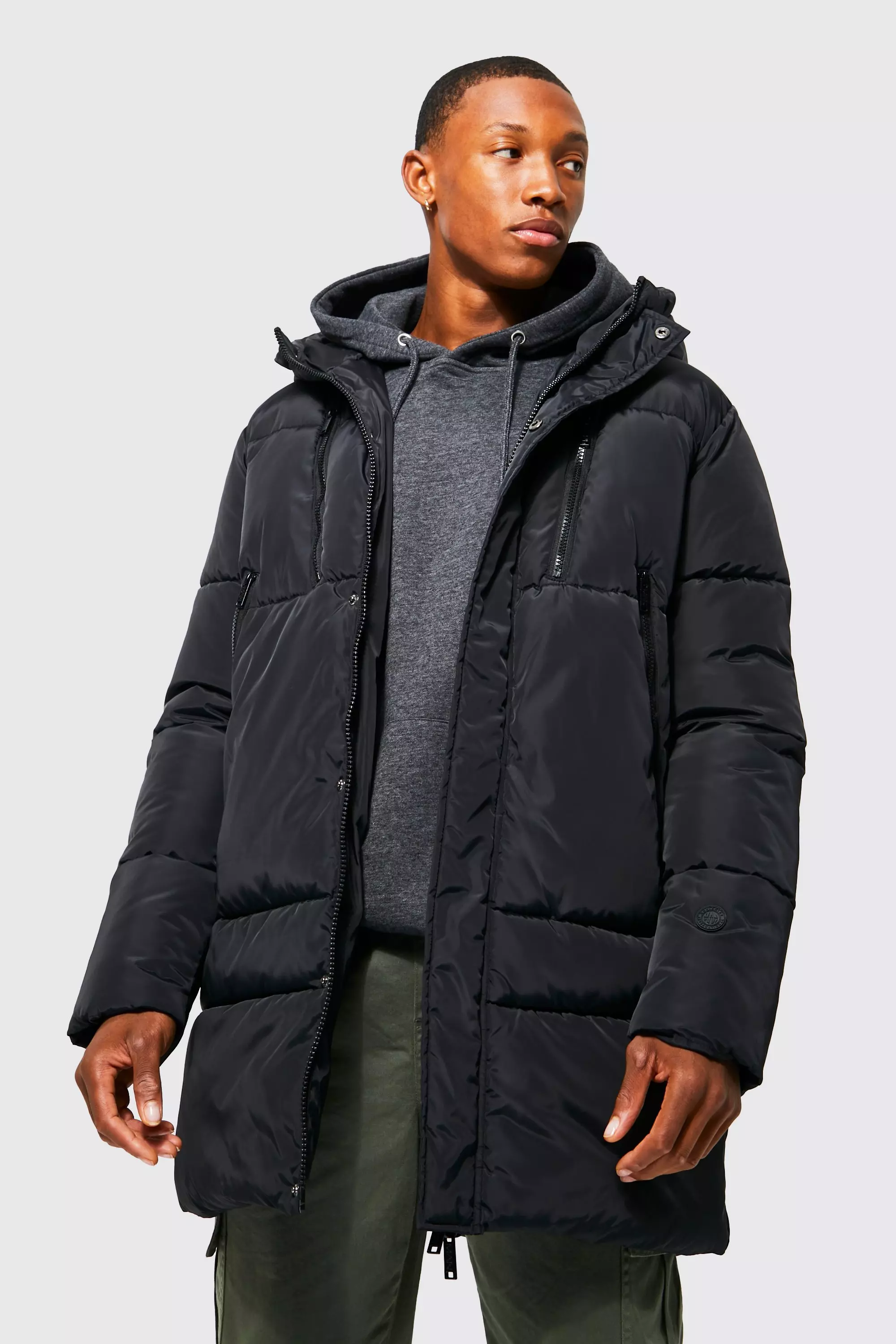 Mens mid best sale length puffer coat