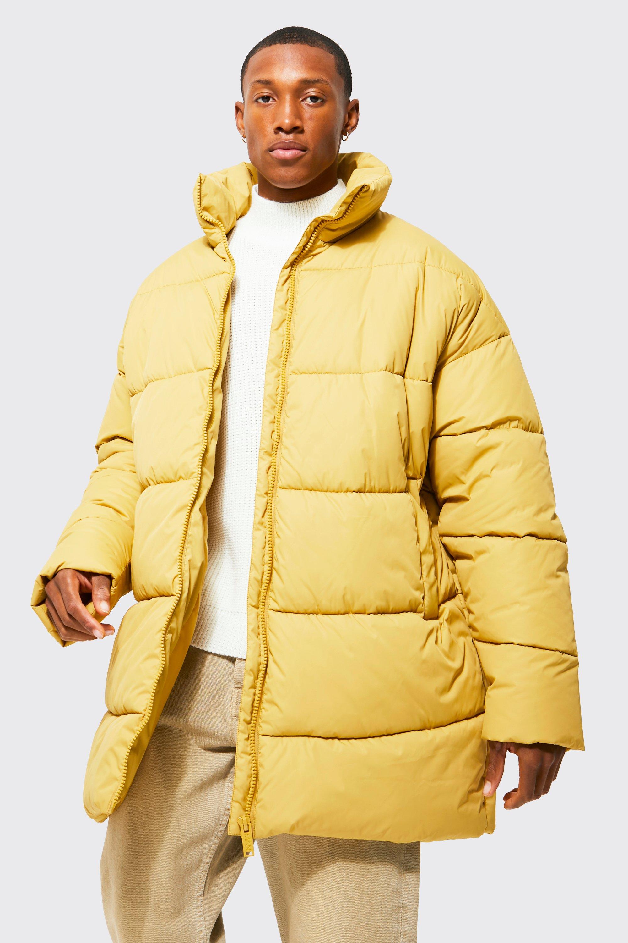 Mens Yellow Oversized Mid Length Funnel Neck Puffer, Yellow