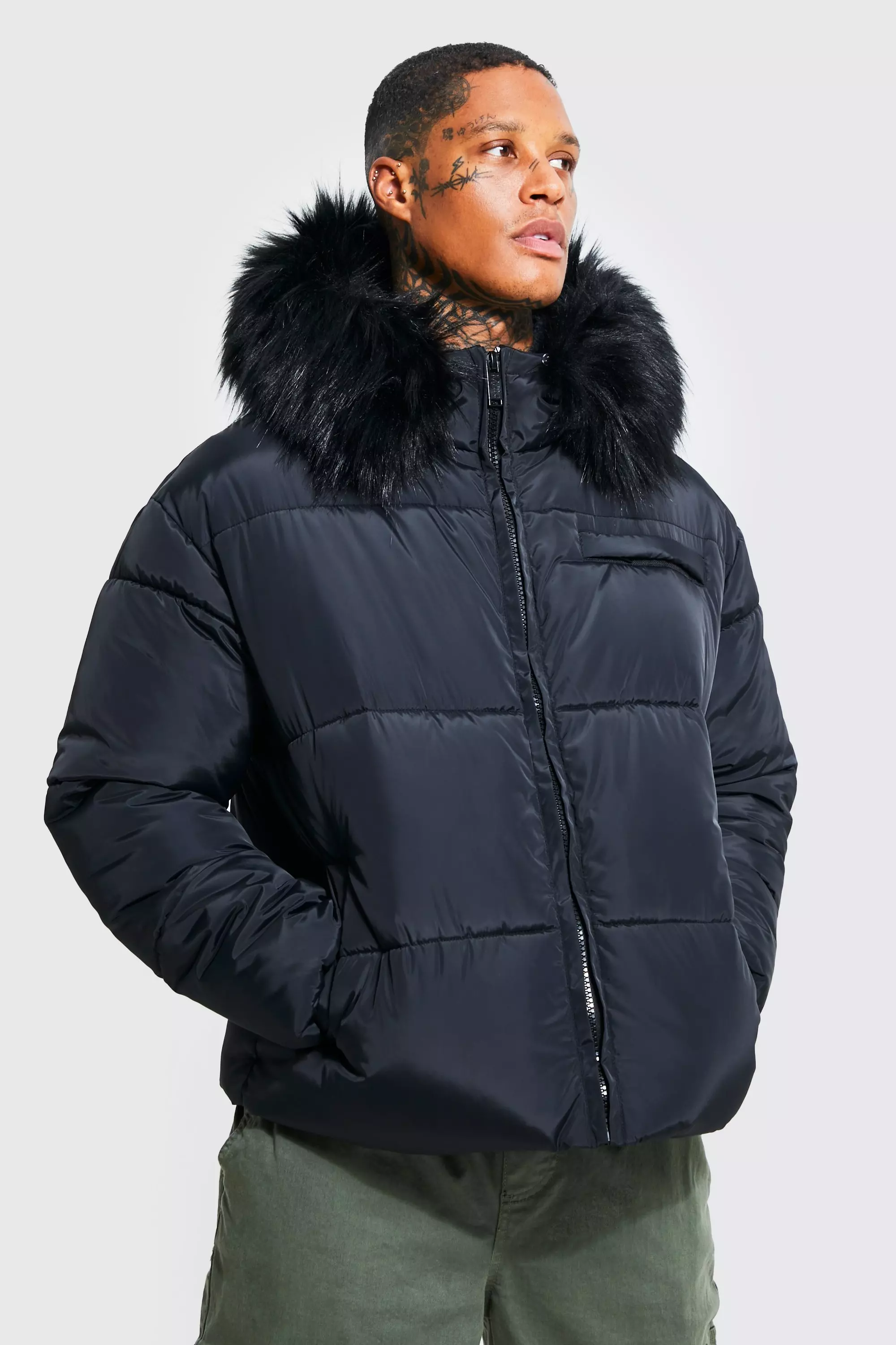 Black faux fur trim hooded sales puffer jacket