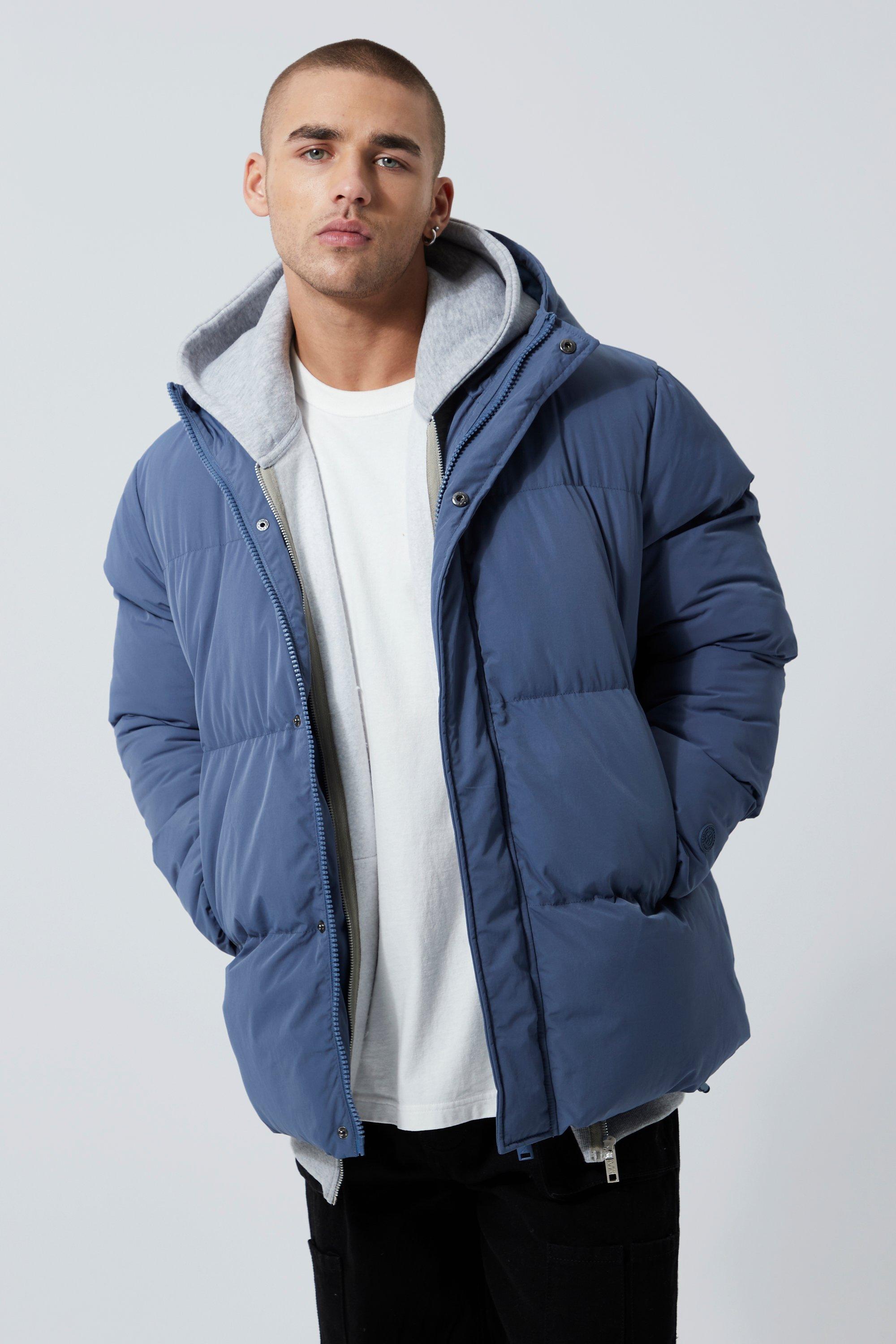 Mens Blue Concealed Placket Hooded Puffer, Blue
