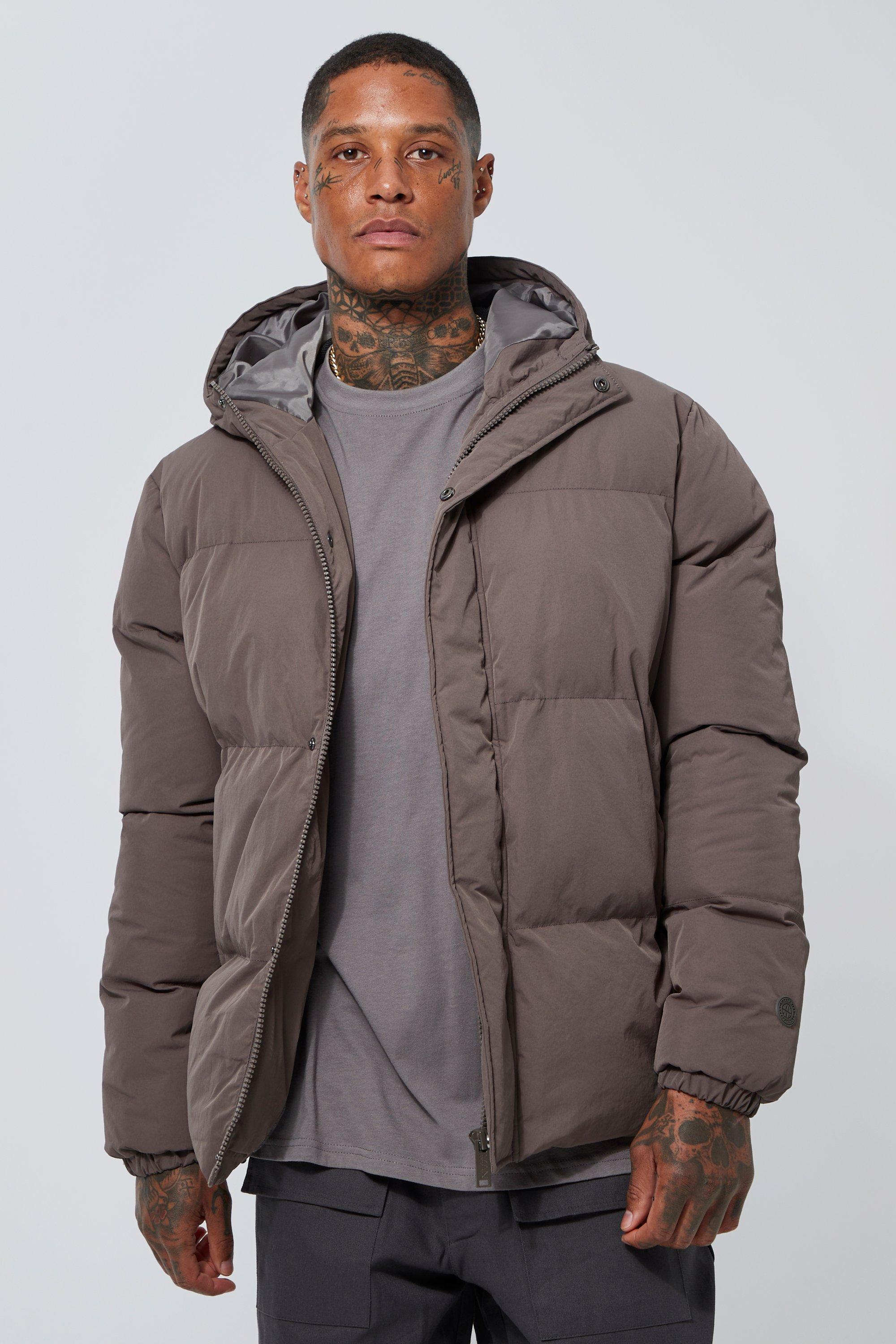 Mens Grey Concealed Placket Hooded Puffer, Grey