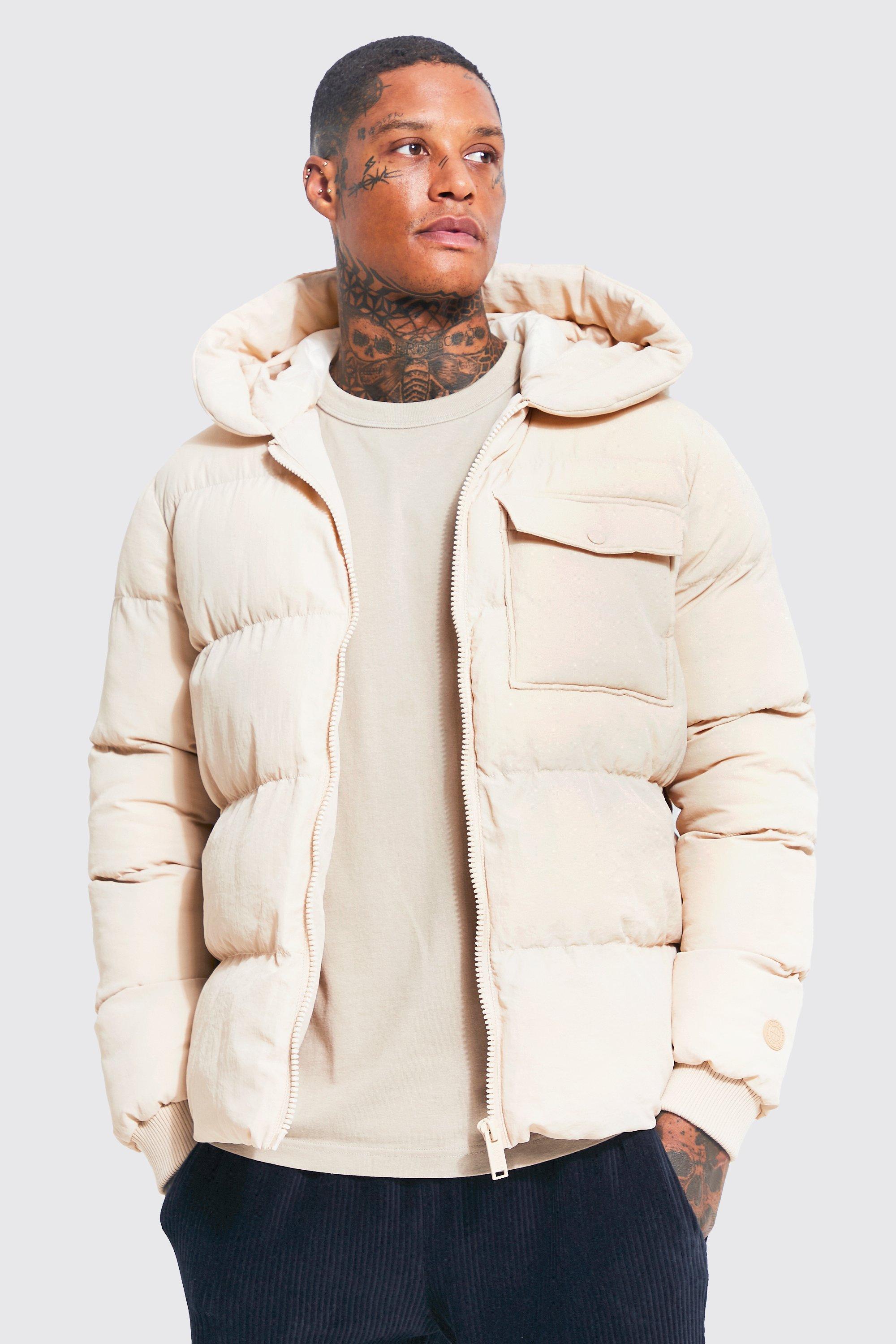 men's hooded puffer with patch pocket - cream - s, cream