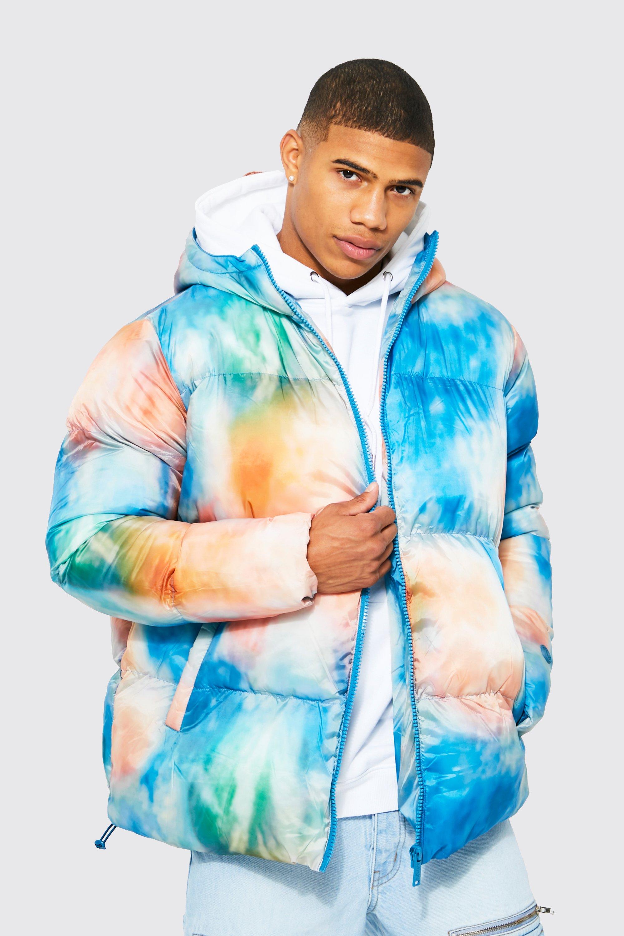 Mens Blue Tie Dye Hooded Puffer, Blue