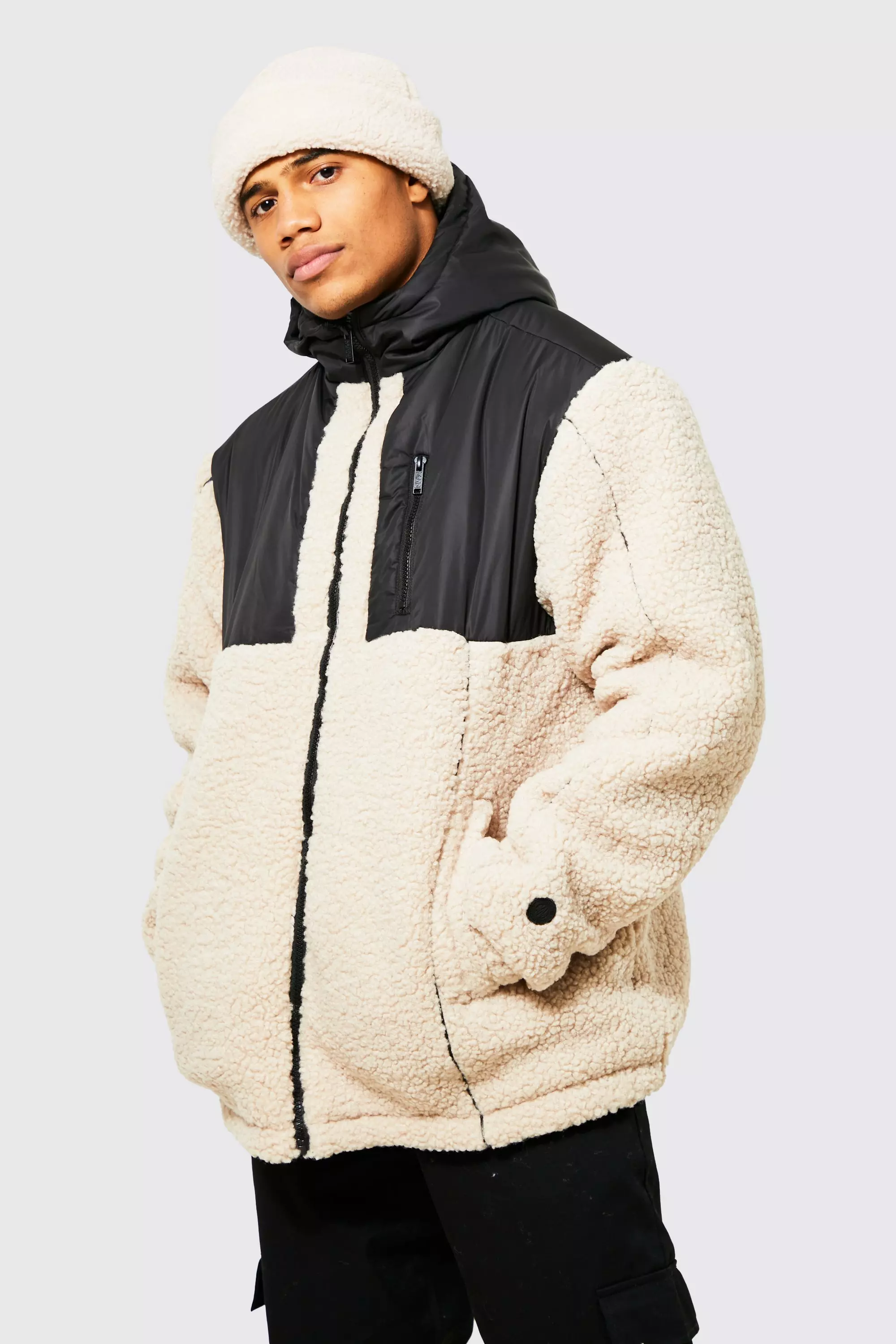 Borg Hooded Jacket With Nylon Contrast Panel | boohooMAN USA