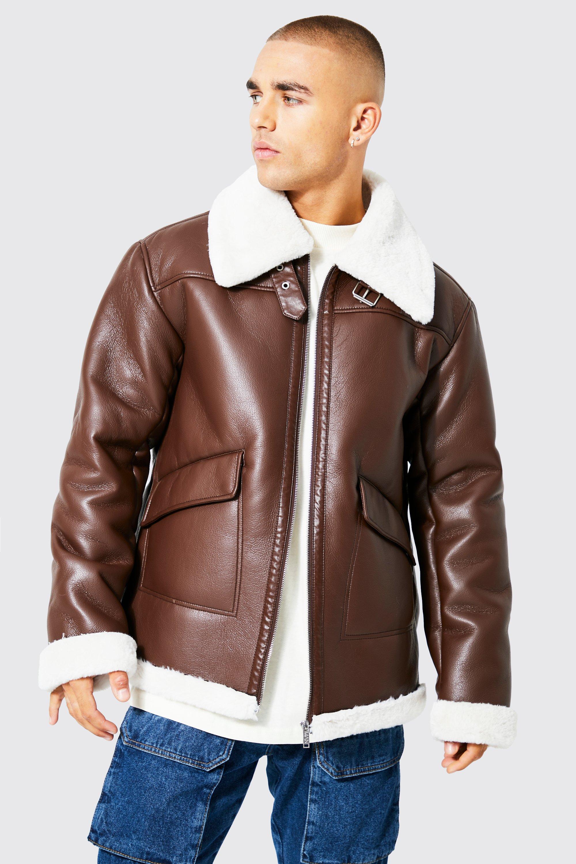 Mens Brown Oversized Leather Look Aviator With Wide Borg Collar, Brown