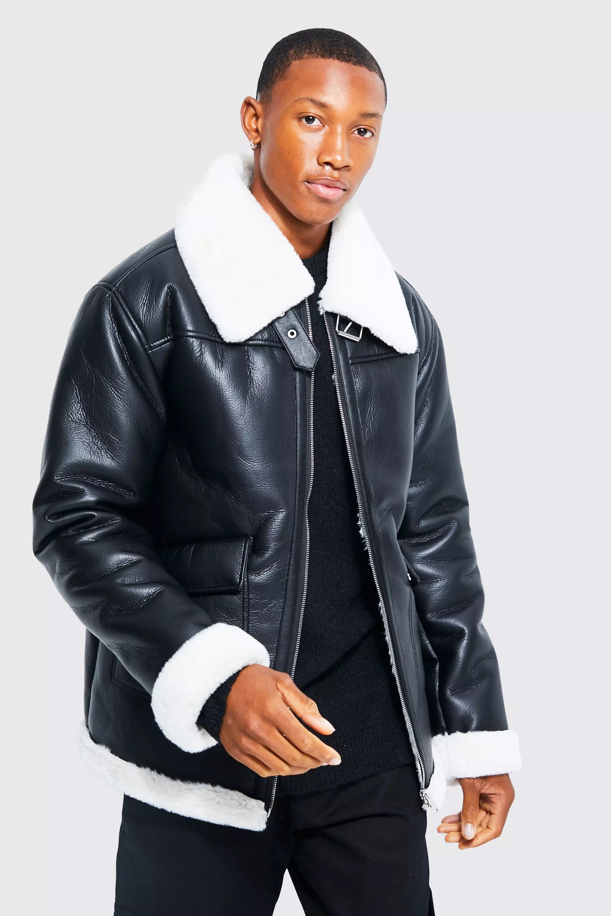 Black oversized aviator shop faux shearling coat