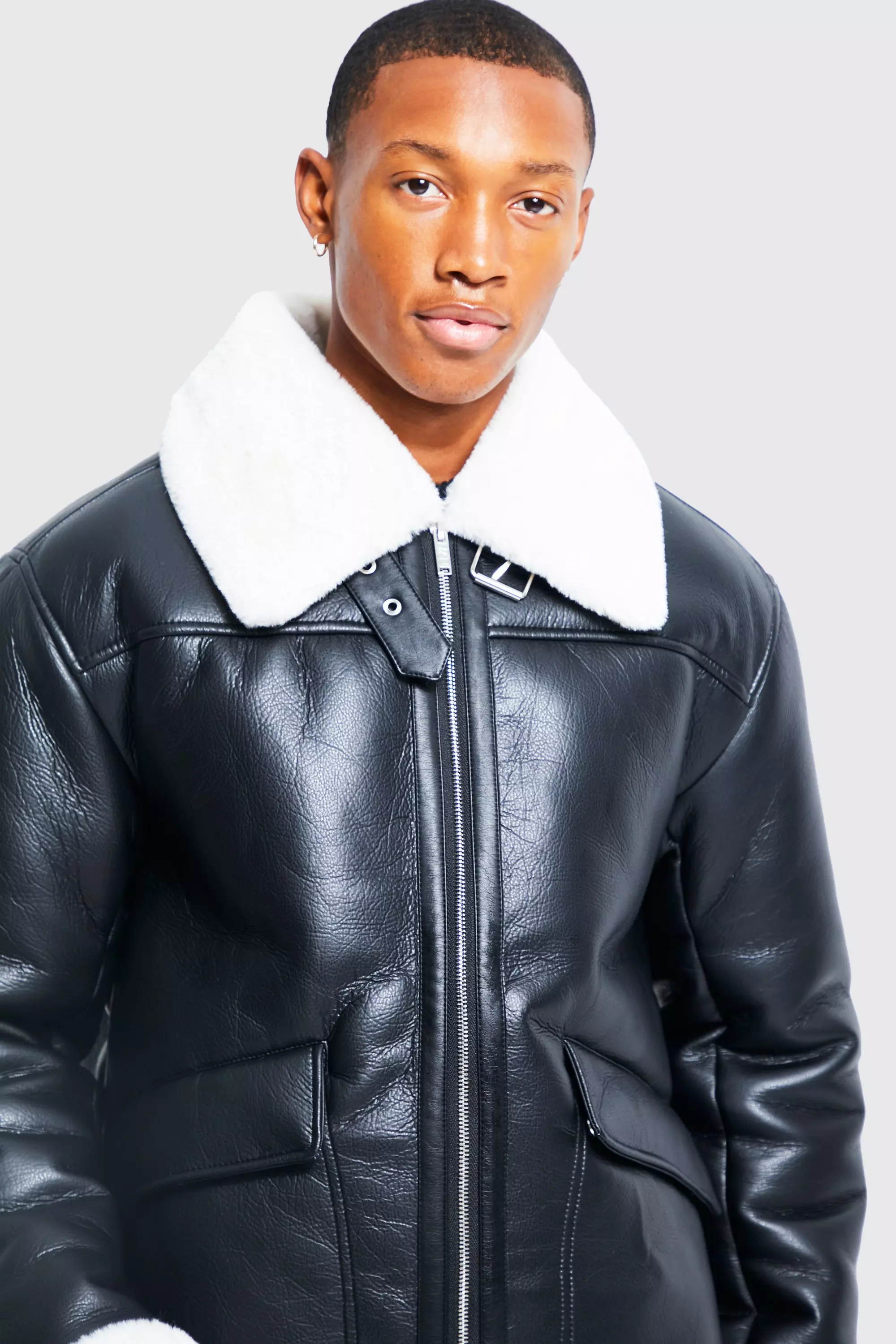 Black oversized aviator faux shearling clearance coat