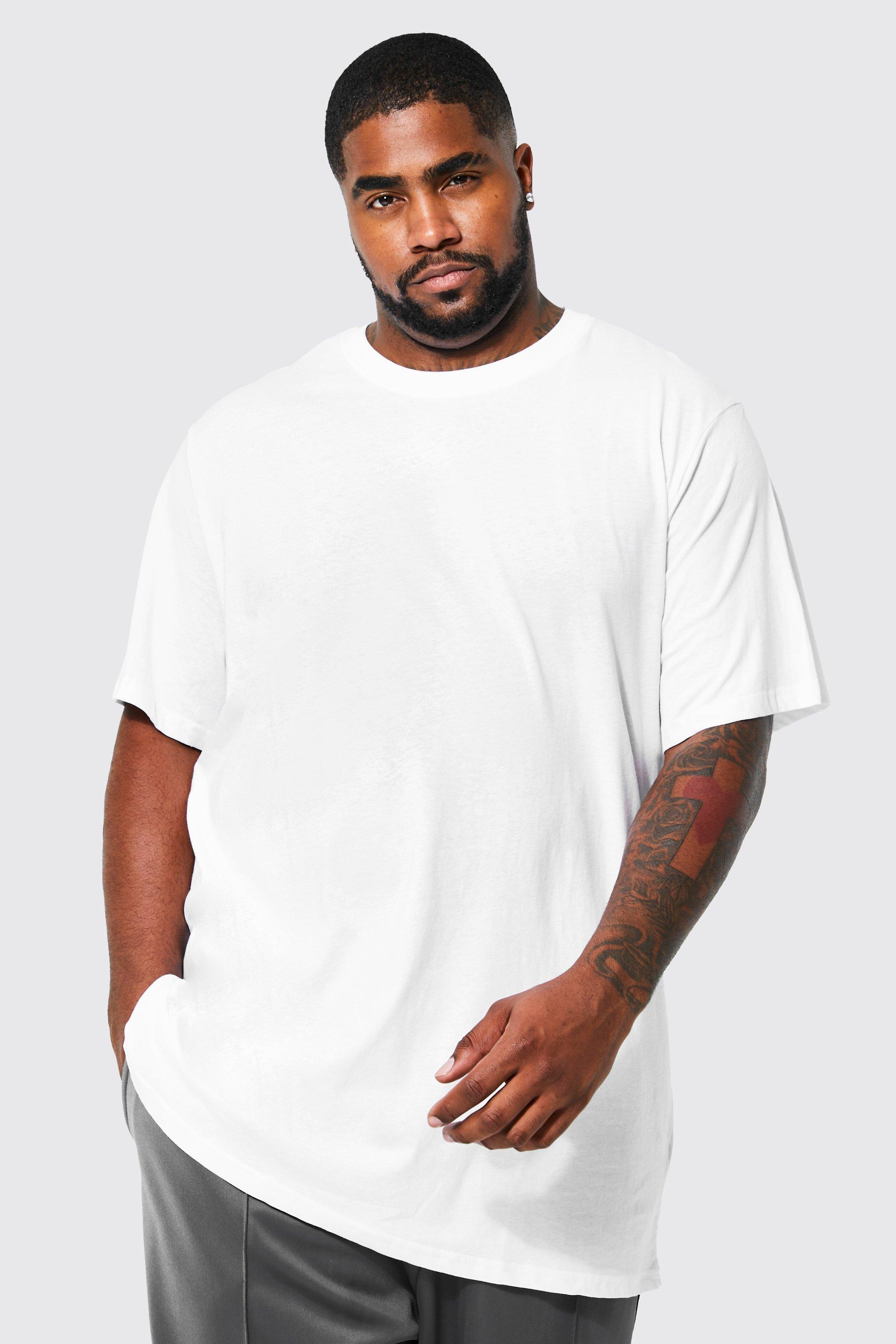 Mens White Plus Basic Longline Crew Neck T-shirt, White