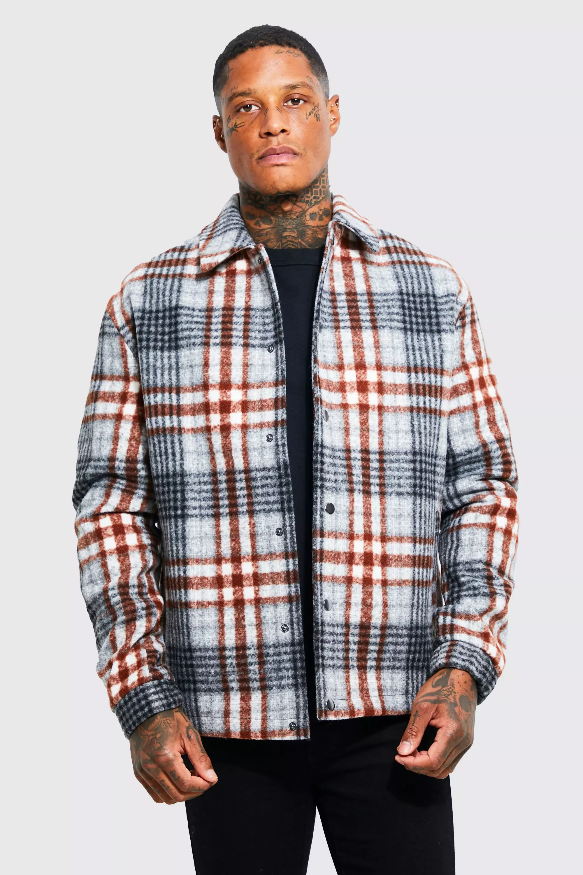 Oversized Wool Look Check Drawcord Coach Jacket | boohooMAN