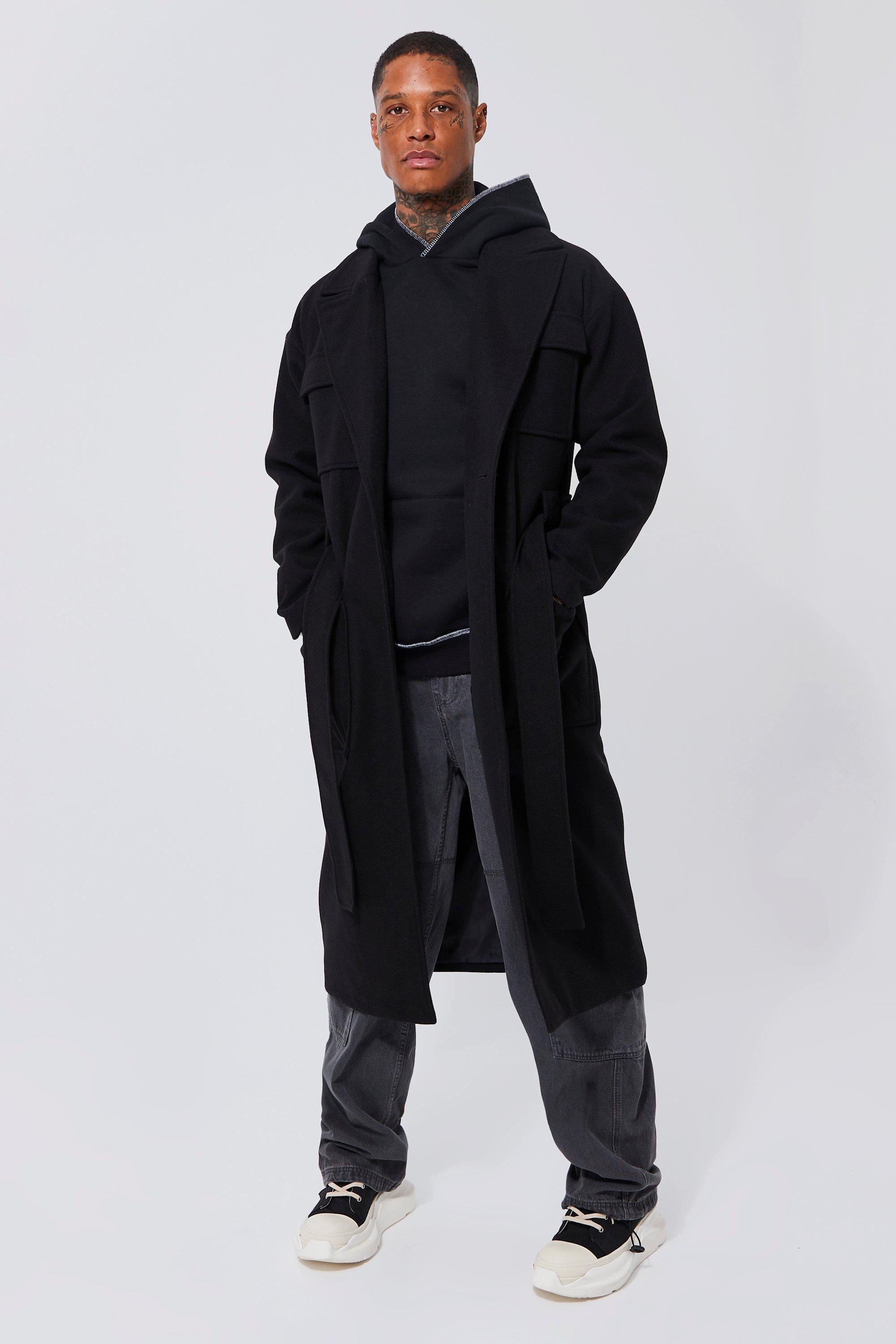 Langer Mantel Mit 4 Taschen Und Gürtel - Black - M, Black