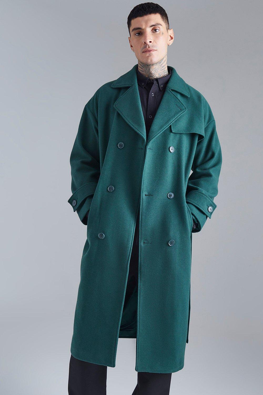 Mens Green Double Breasted Storm Flap Overcoat, Green