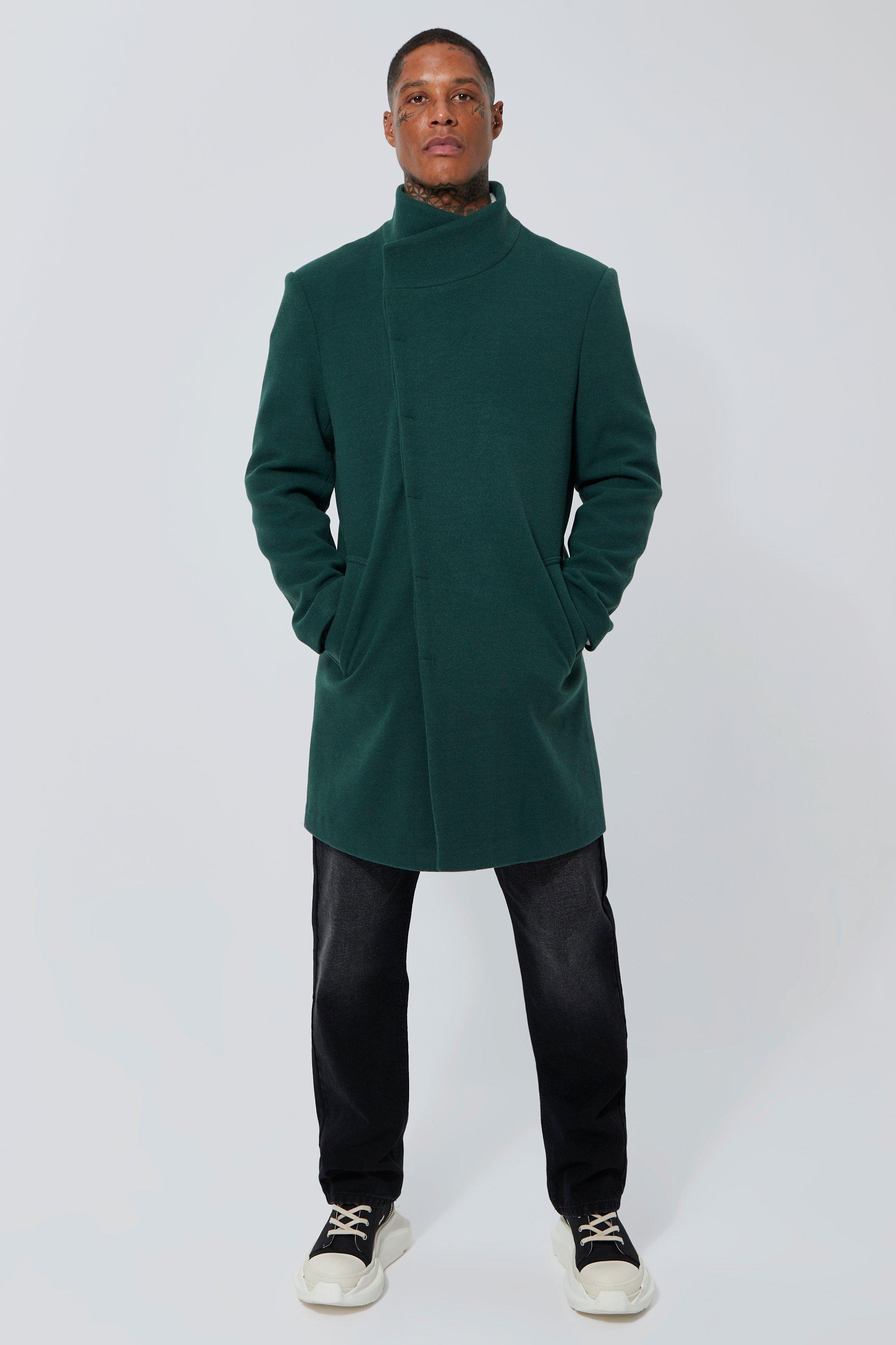 Mens Green Funnel Neck Wool Look Overcoat, Green
