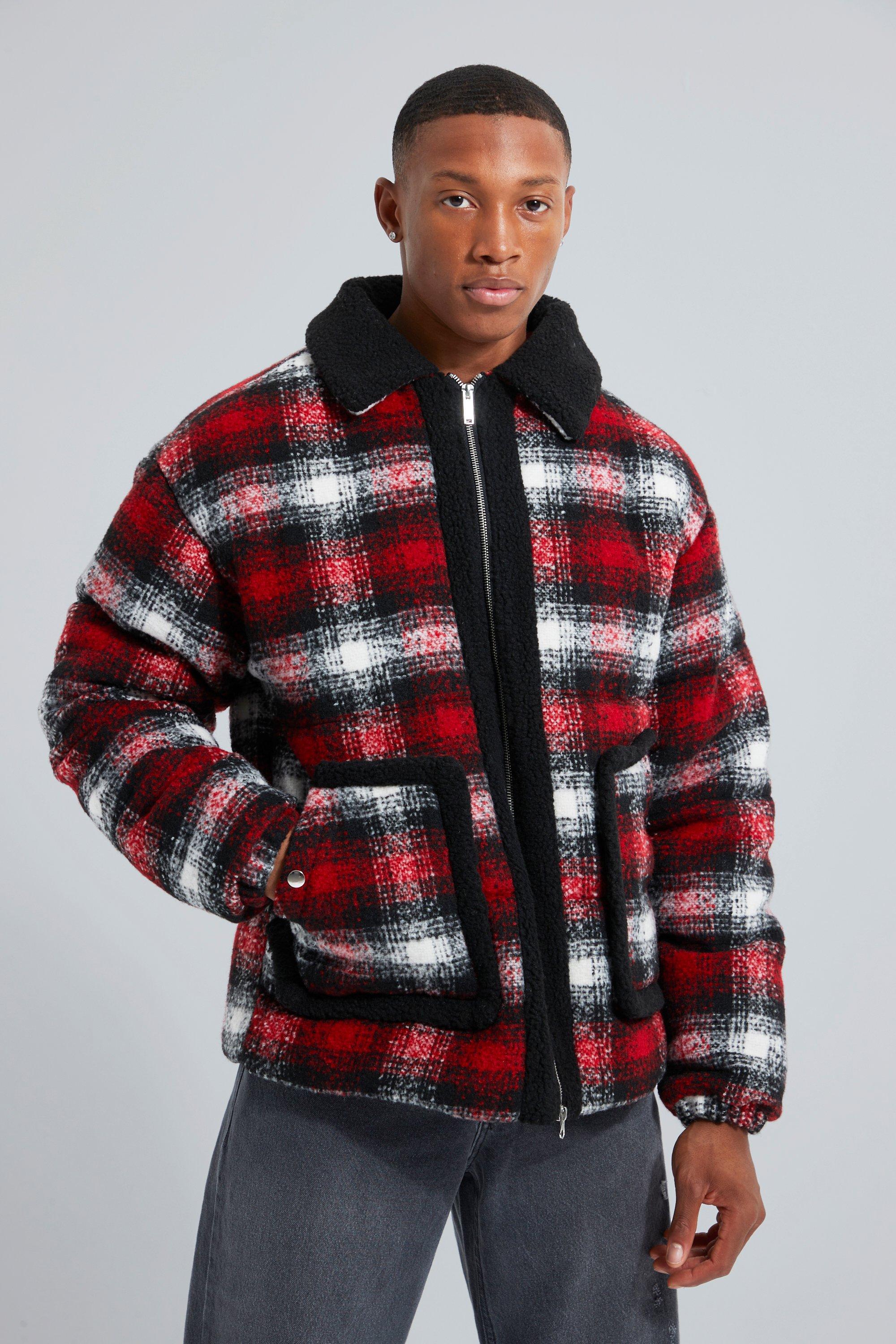 Mens Red Wool Look Check Zip Through Puffer, Red