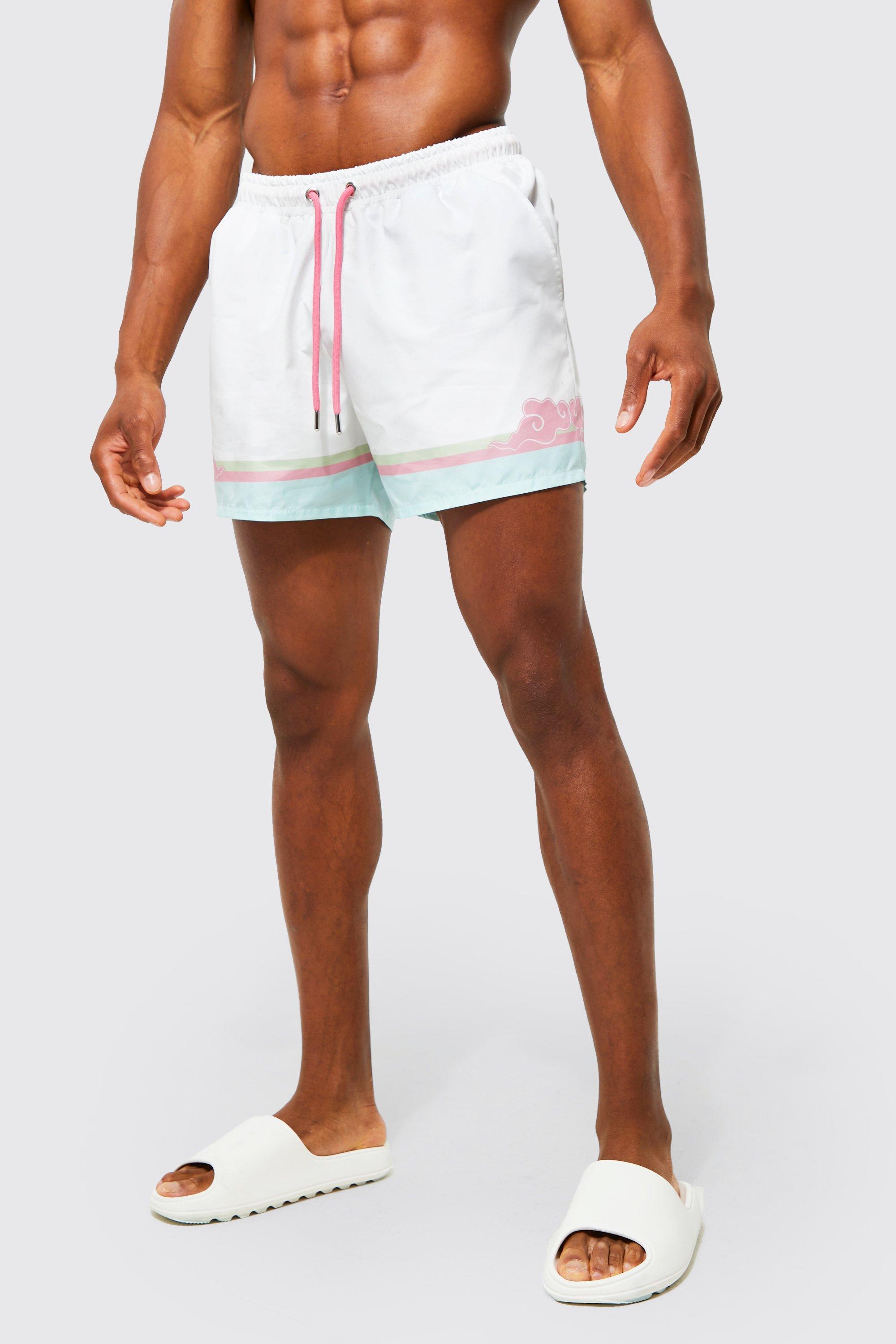 men's border print short length swim shorts - white - s, white