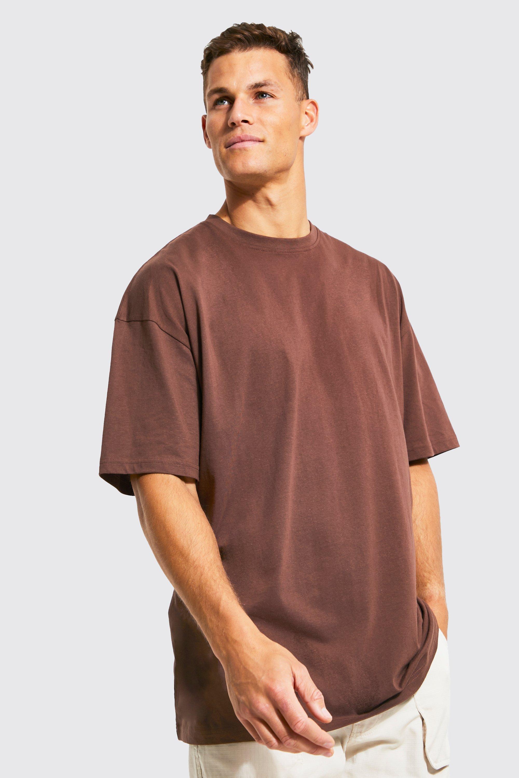 Mens Brown Tall Oversized Basic Crew Neck T-shirt, Brown