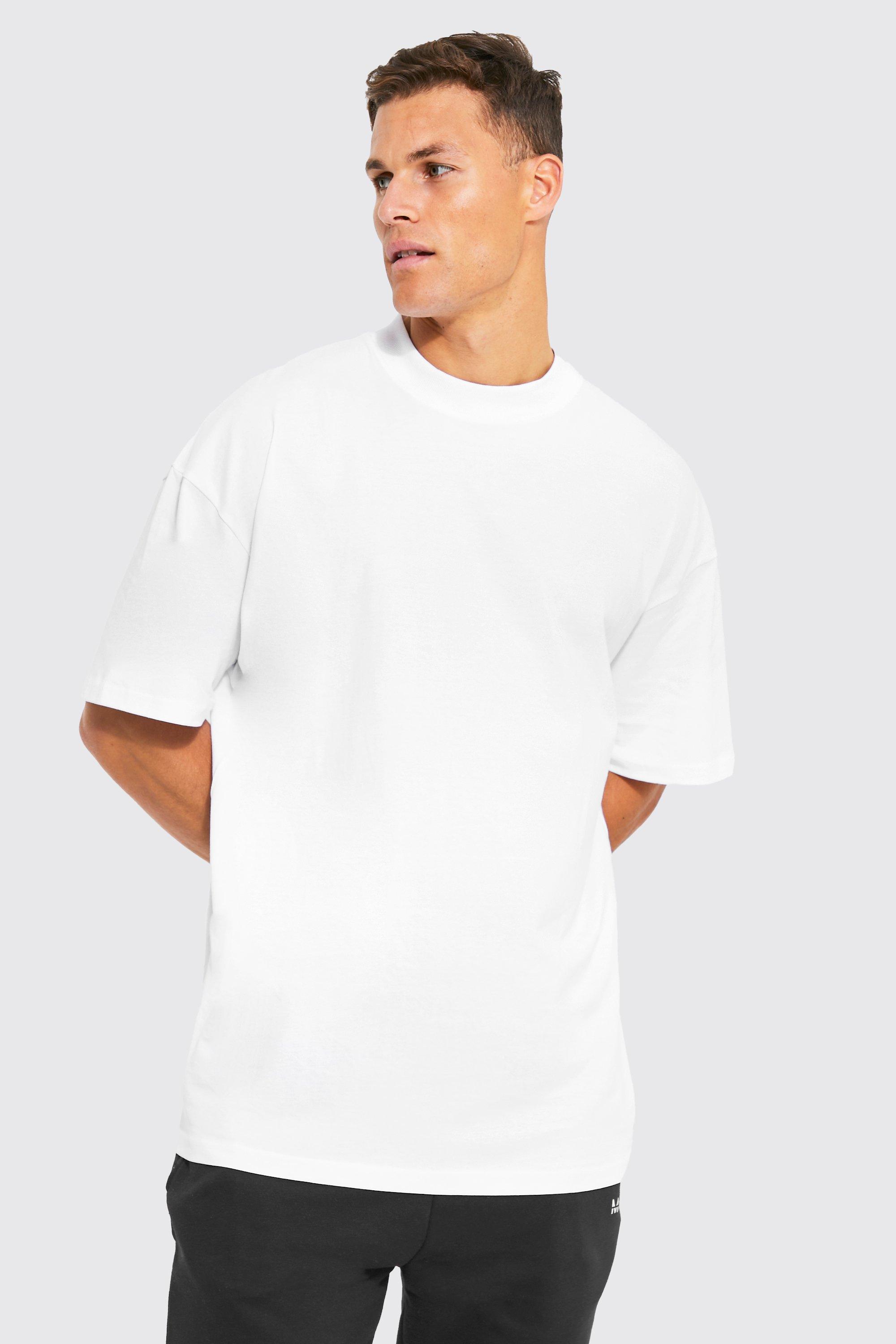 Mens White Tall Extended Neck Basic Oversized T-Shirt, White