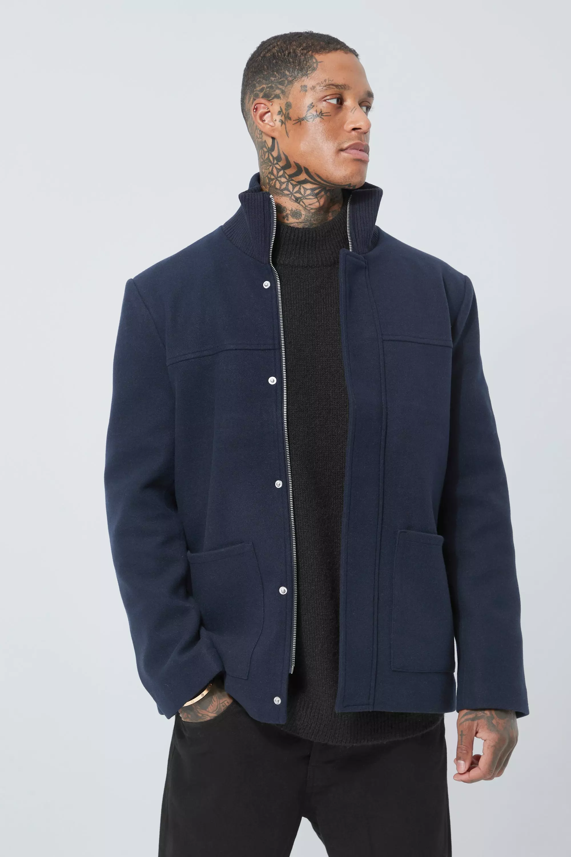 Wool Look Funnel Neck Jacket | boohooMAN UK