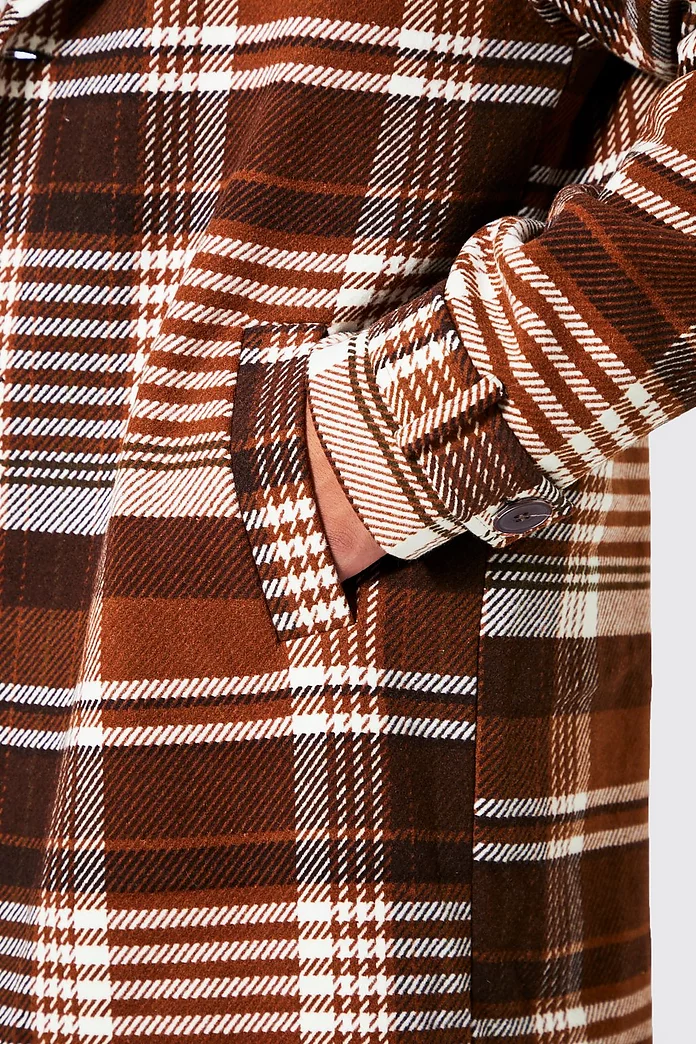 Tall Wool Look Check Single Breasted Overcoat | boohooMAN USA
