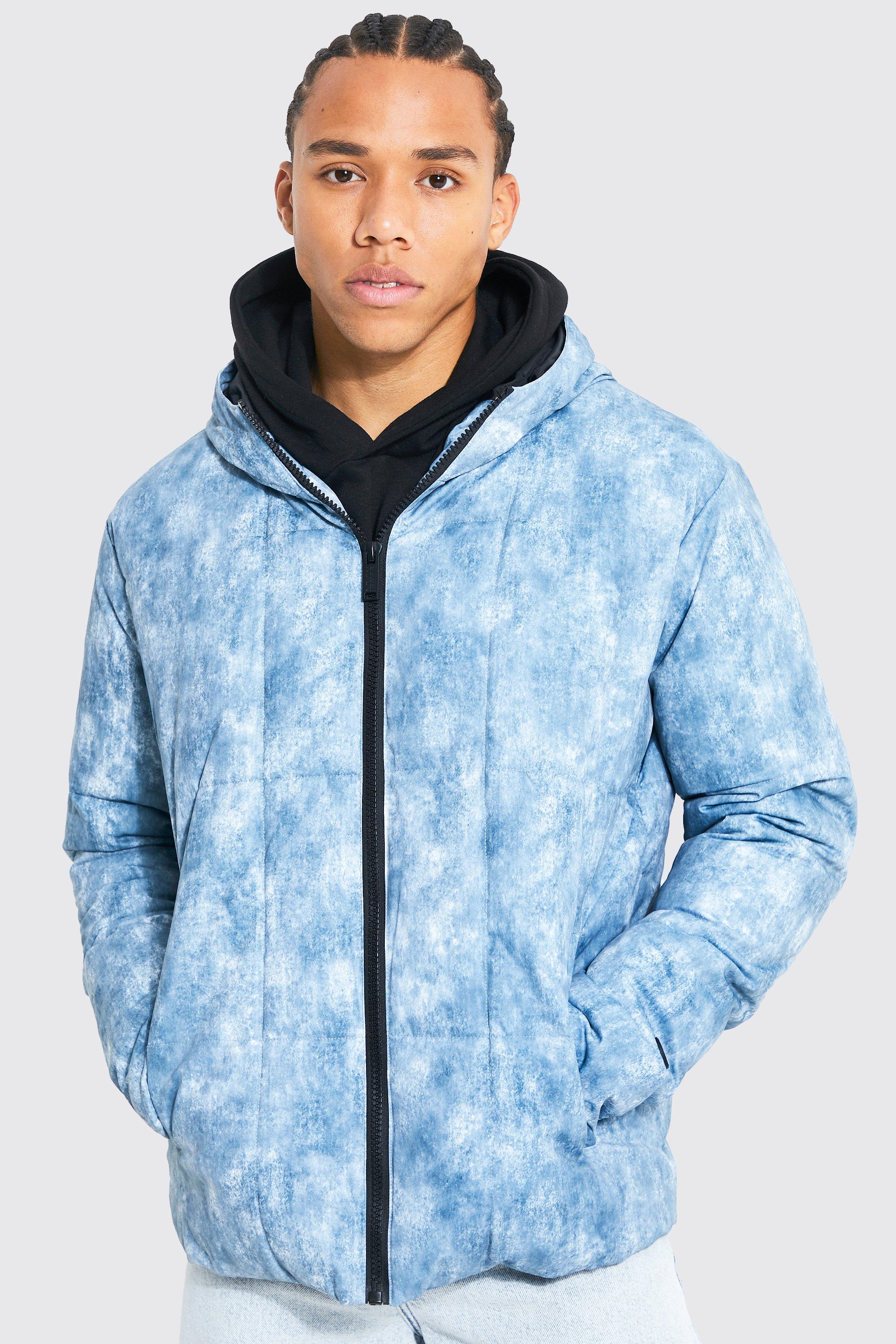 Mens Blue Tall Tie Dye Square Panel Hooded Puffer, Blue