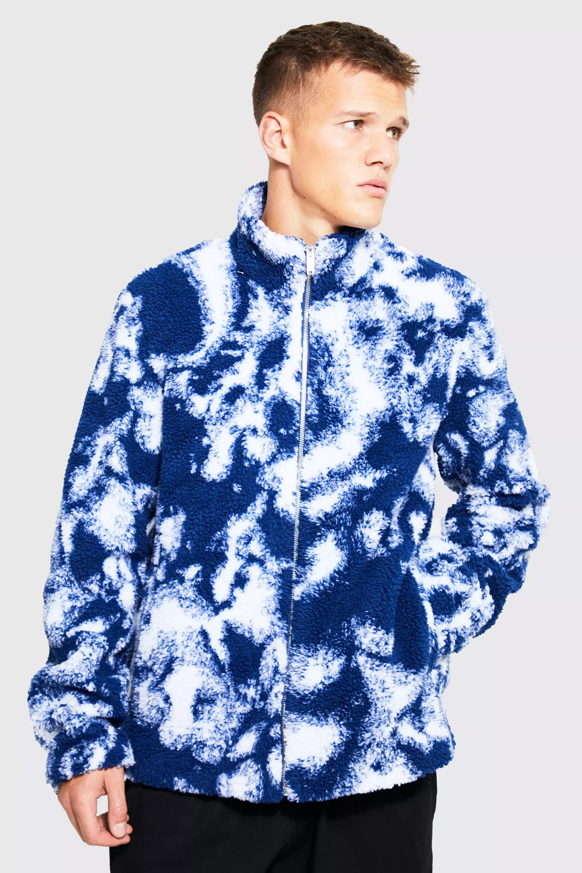 Tall Borg Tie Dye Funnel Neck Jacket | boohooMAN USA