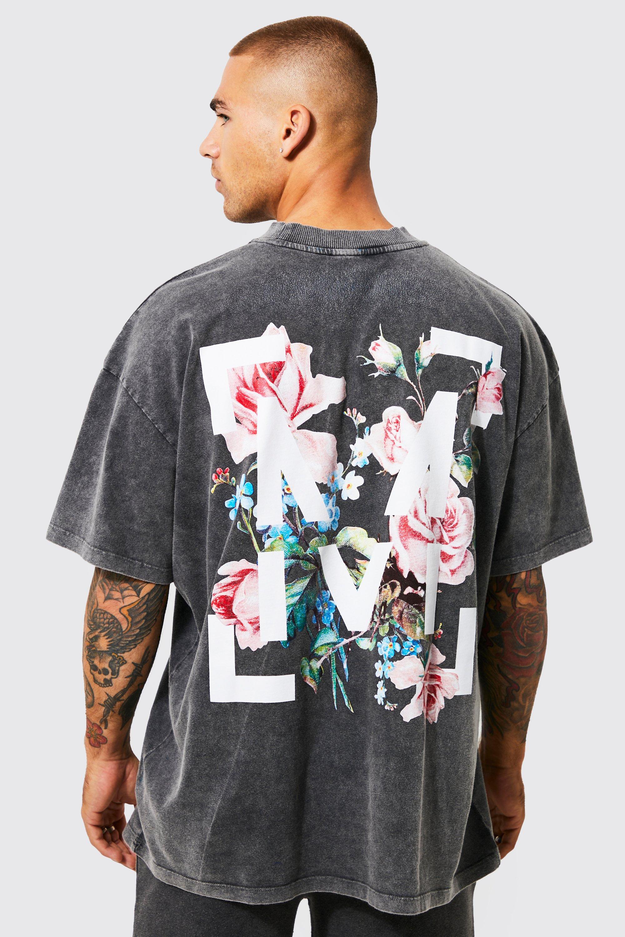 Mens Grey Oversized Floral Graphic Acid Wash T-shirt, Grey
