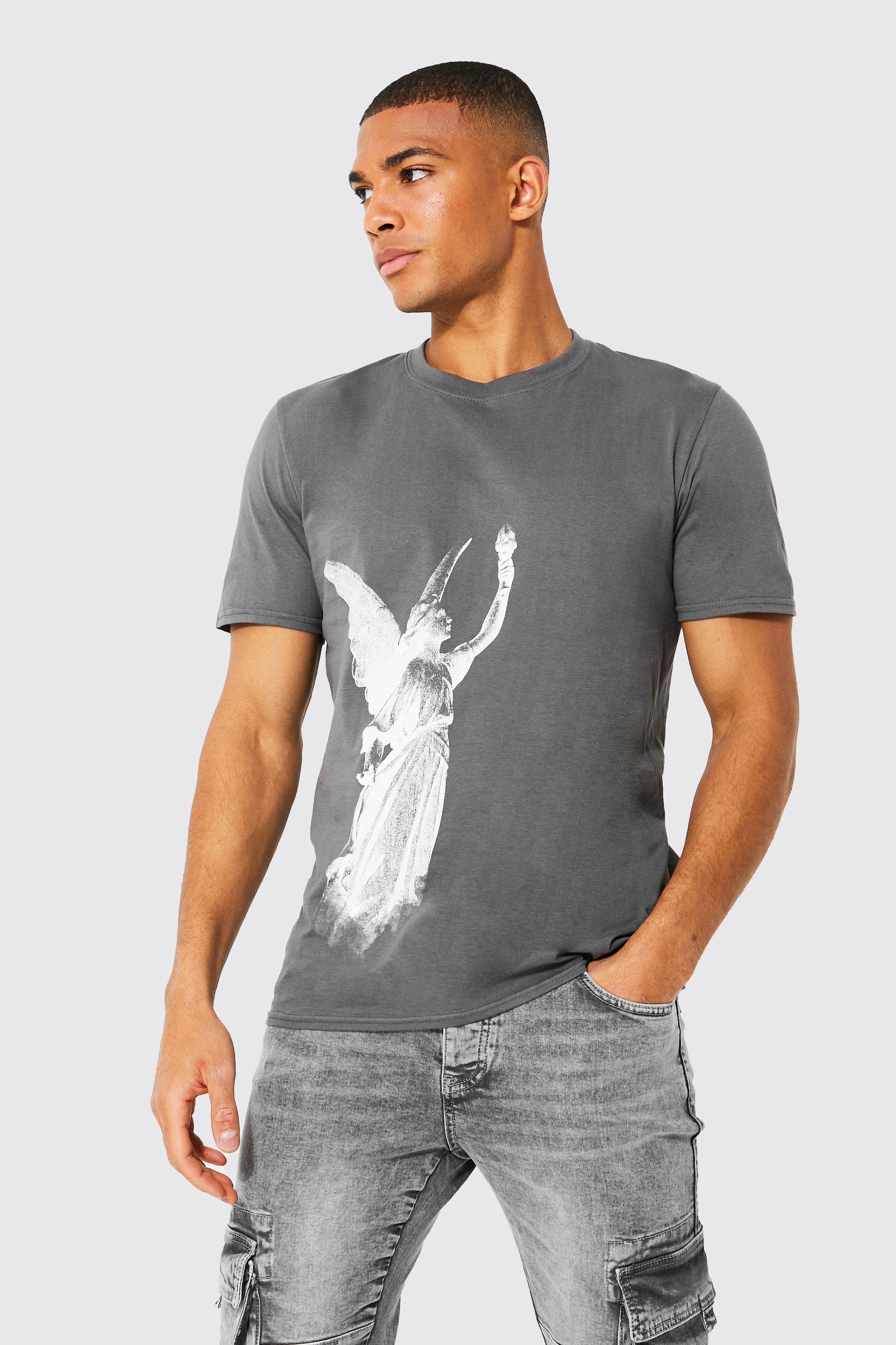 Mens Grey Statue Printed T-shirt, Grey