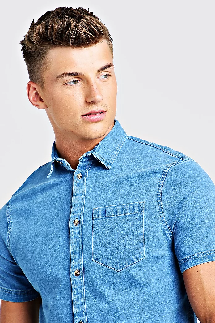Short Sleeve Denim Shirt In Muscle Fit | boohooMAN USA
