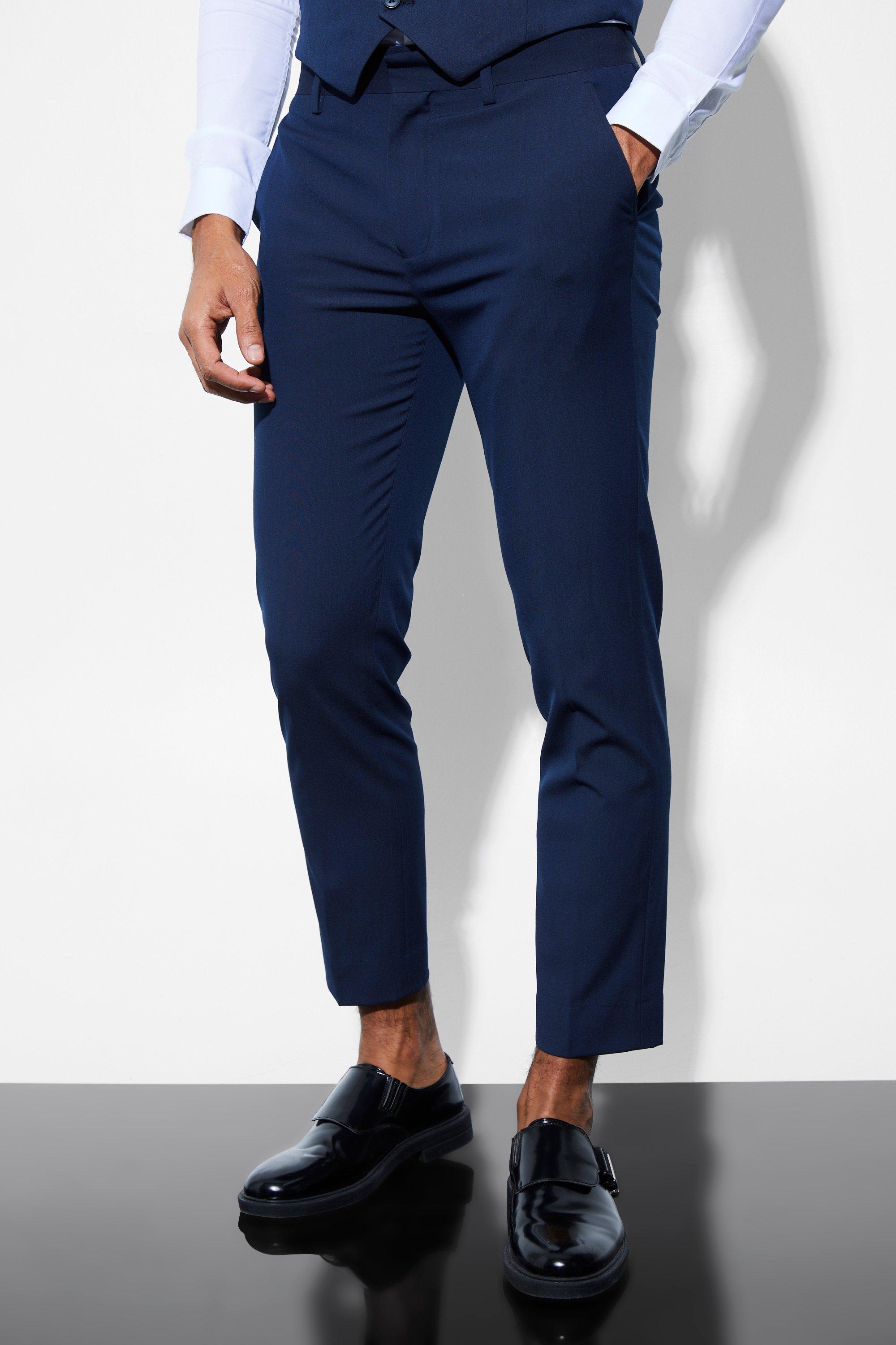Mens Navy Skinny Cropped Suit Trousers, Navy