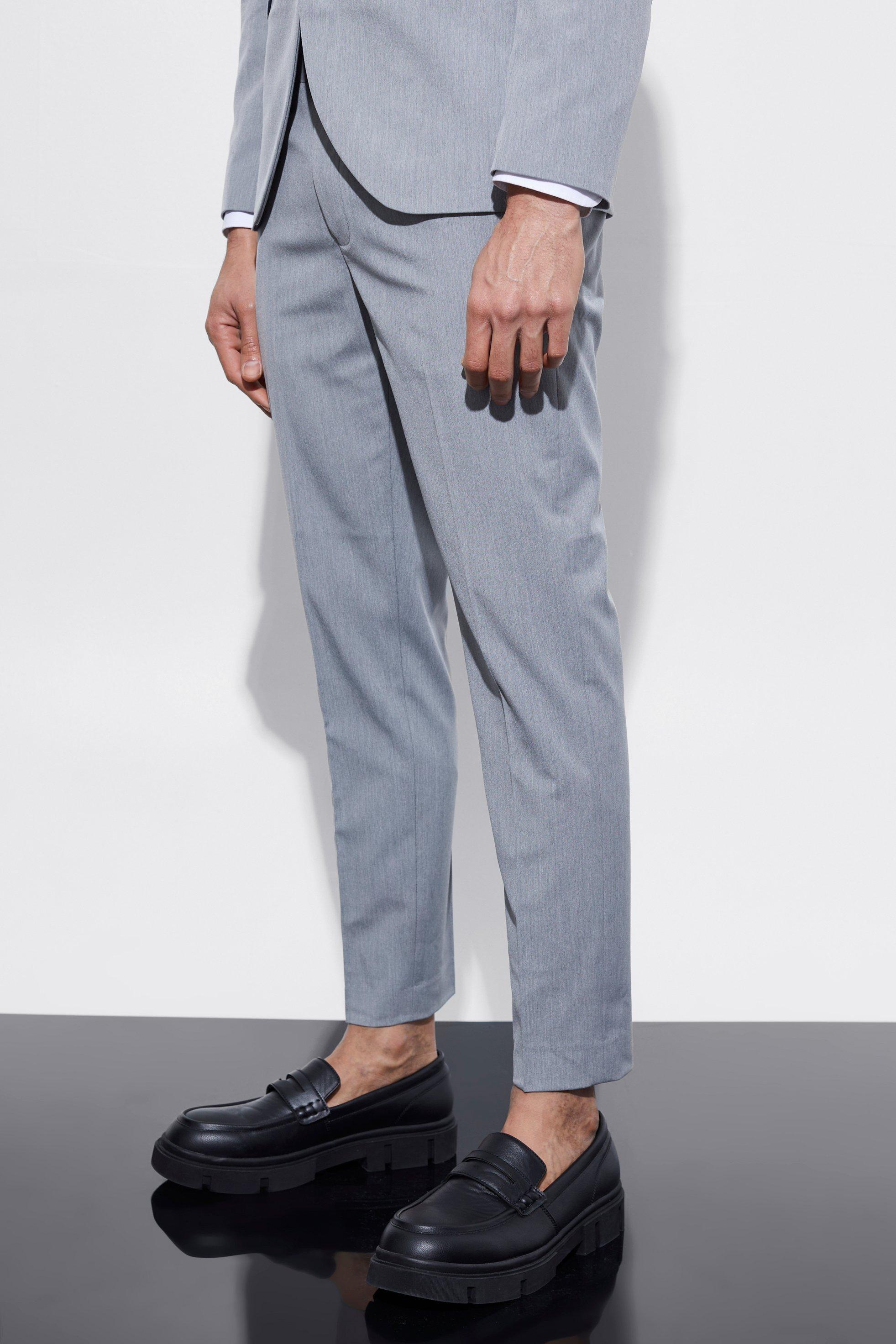 Mens Grey Skinny Cropped Suit Trousers, Grey