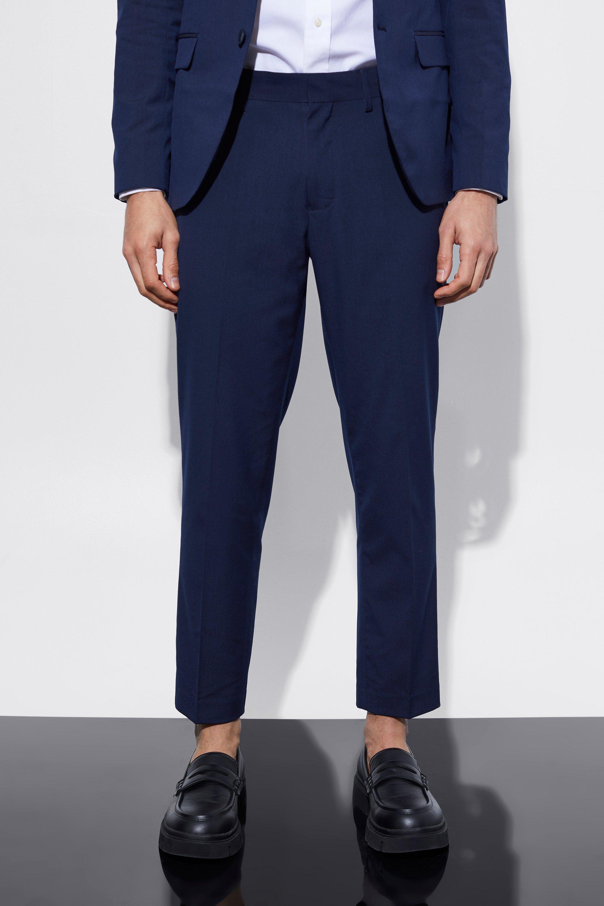 Mens Navy Slim Cropped Suit Trousers, Navy