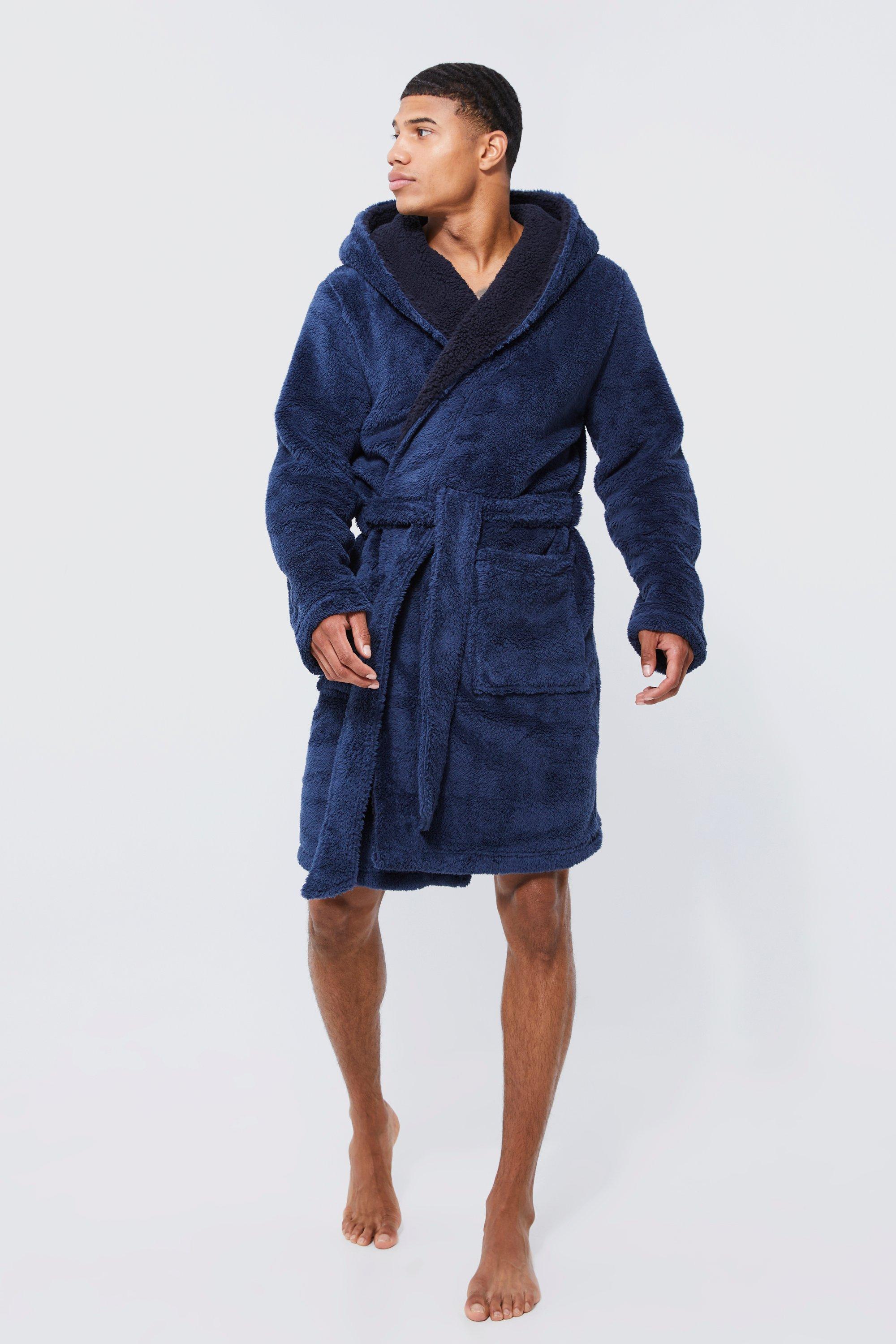 Mens Navy Borg Lined Hooded Dressing Gown, Navy