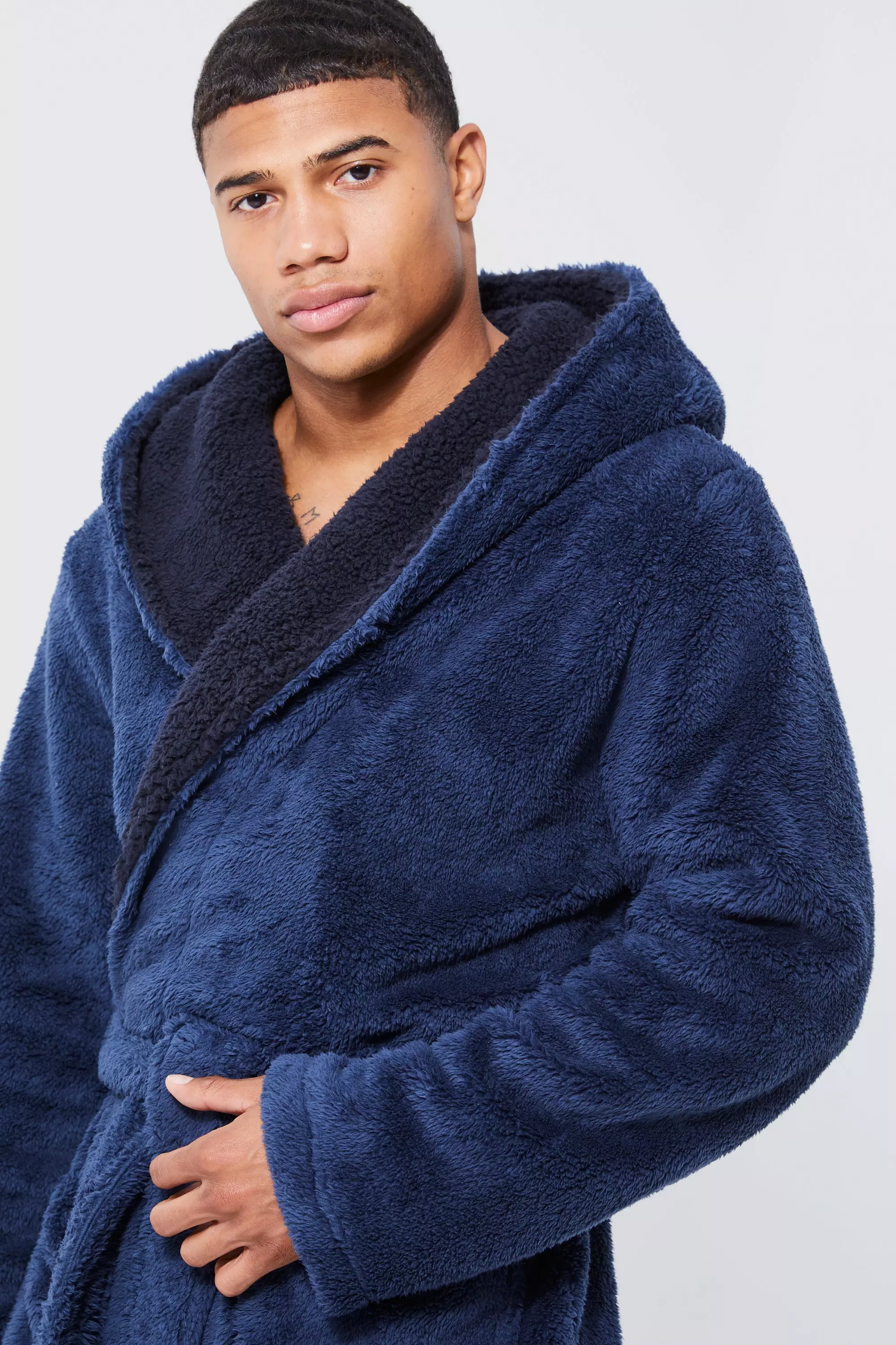 Borg Lined Hooded Dressing Gown boohooMAN UK