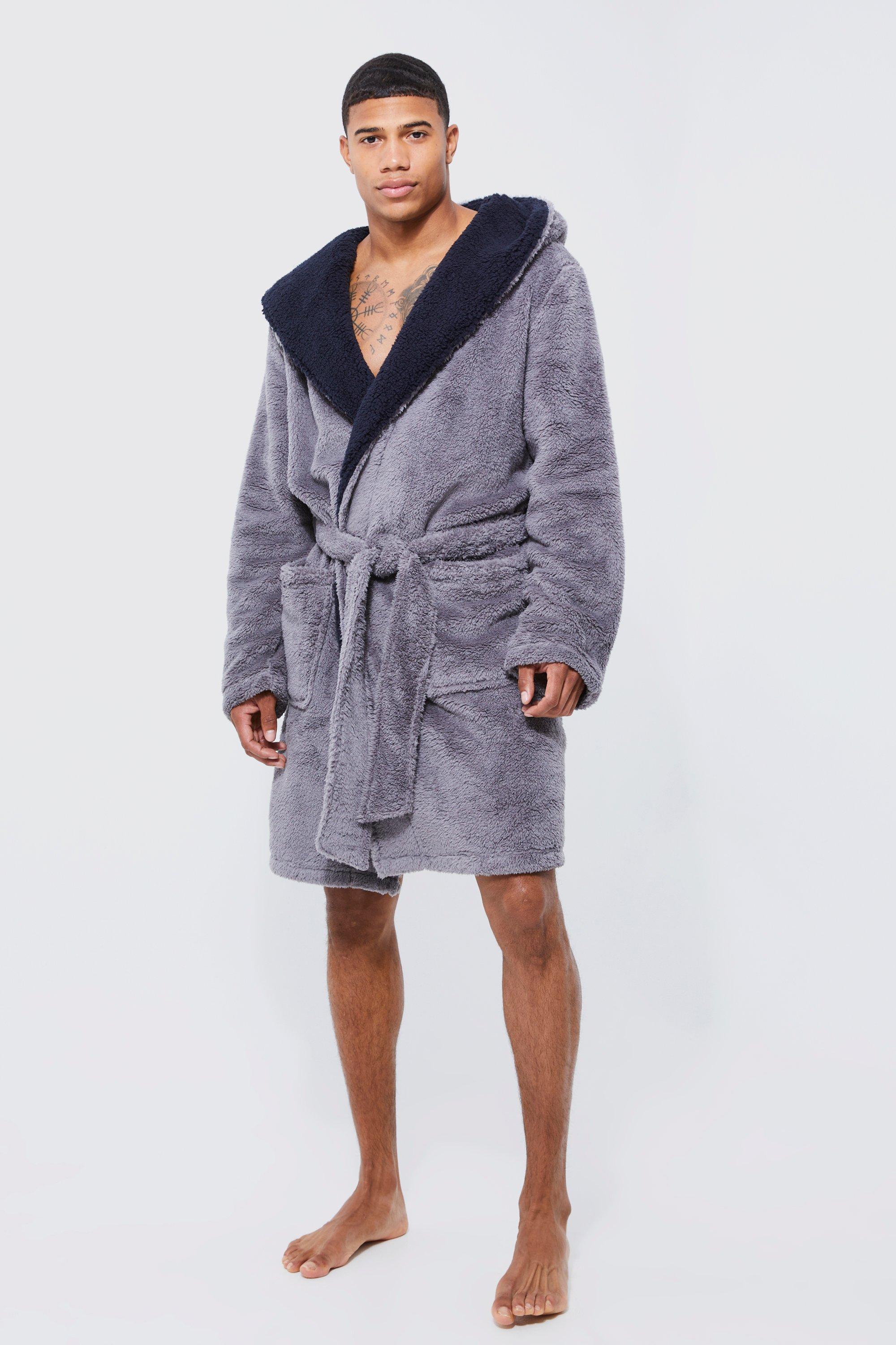 men's borg lined hooded dressing gown - grey - s, grey
