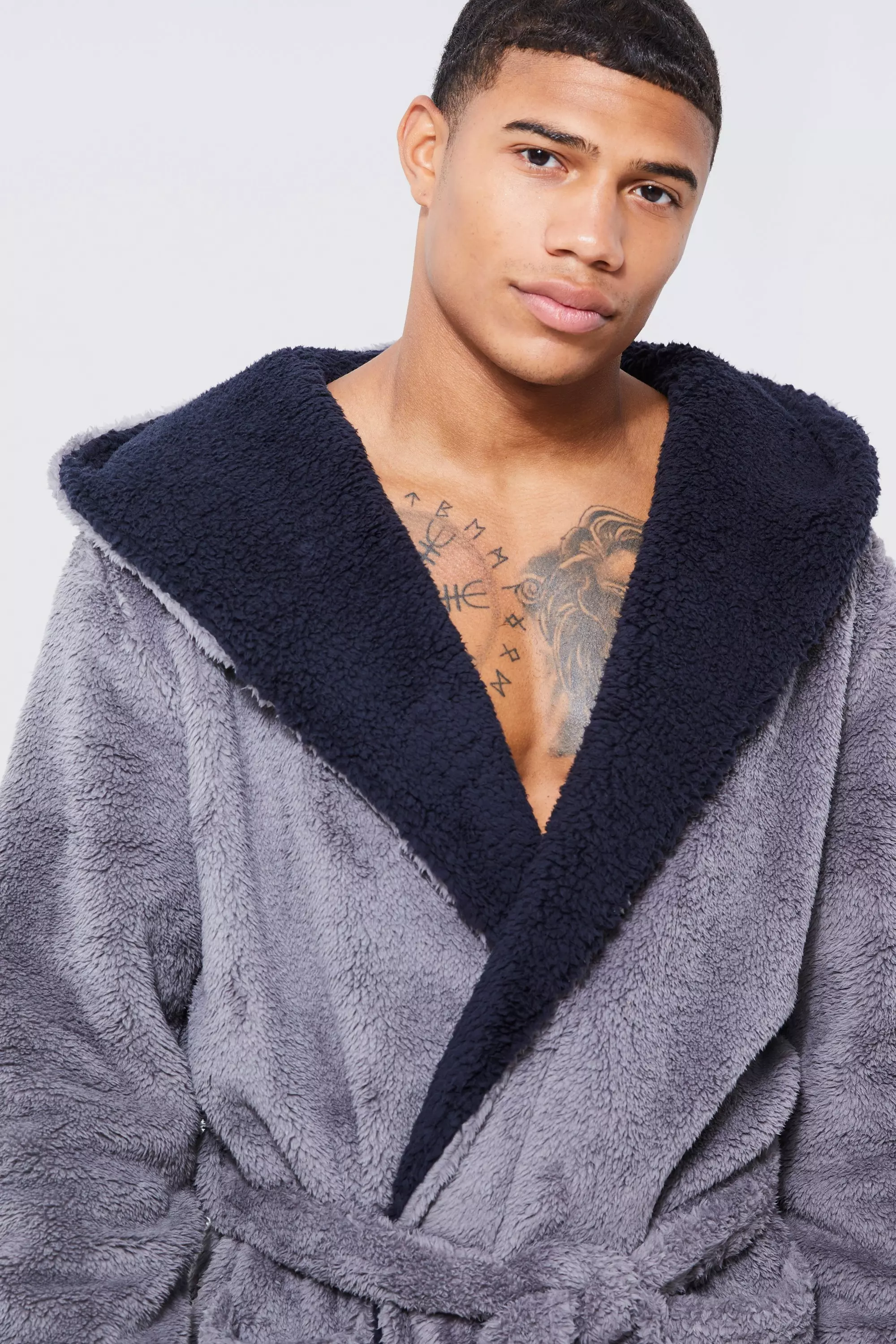 Borg Lined Hooded Dressing Gown boohooMAN UK