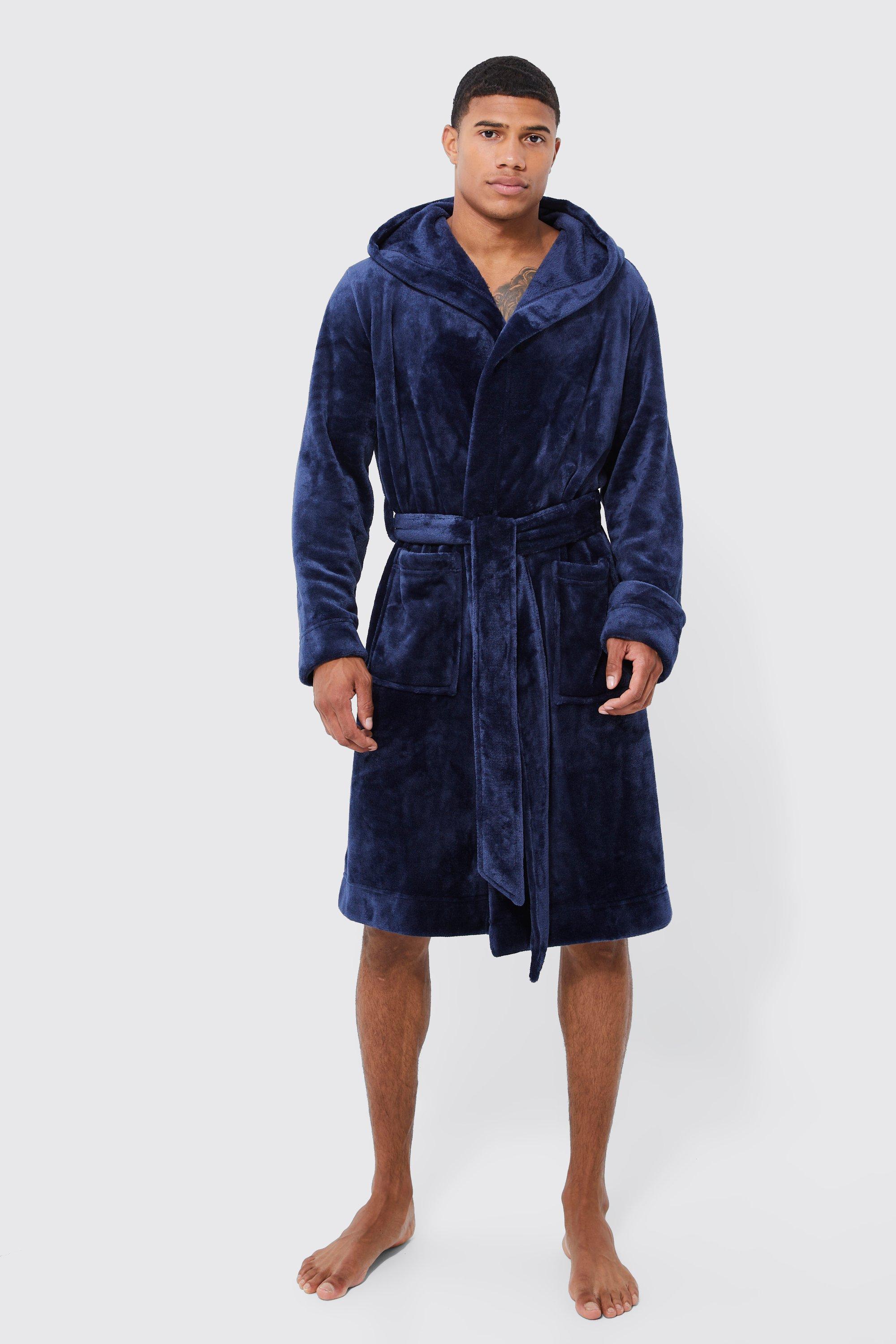 Mens Navy Hooded Dressing Gown, Navy