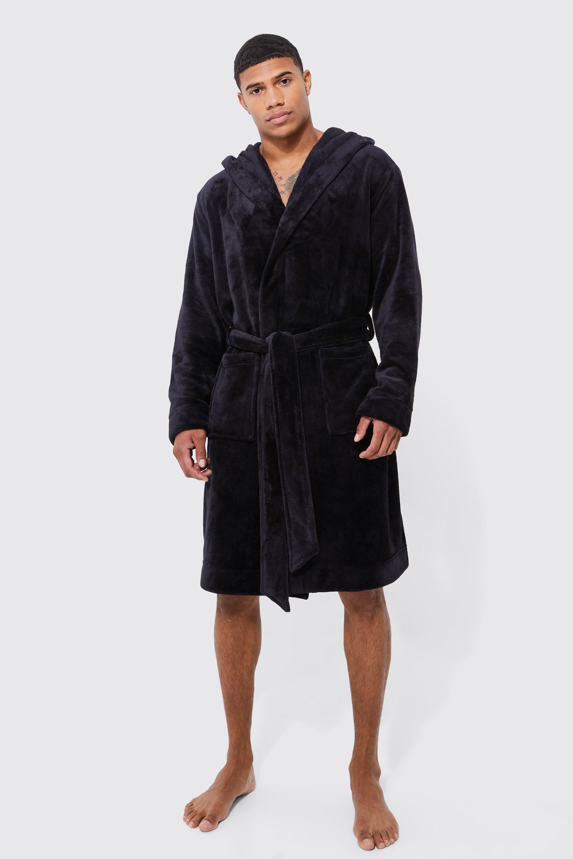 Mens Black Hooded Dressing Gown, Black