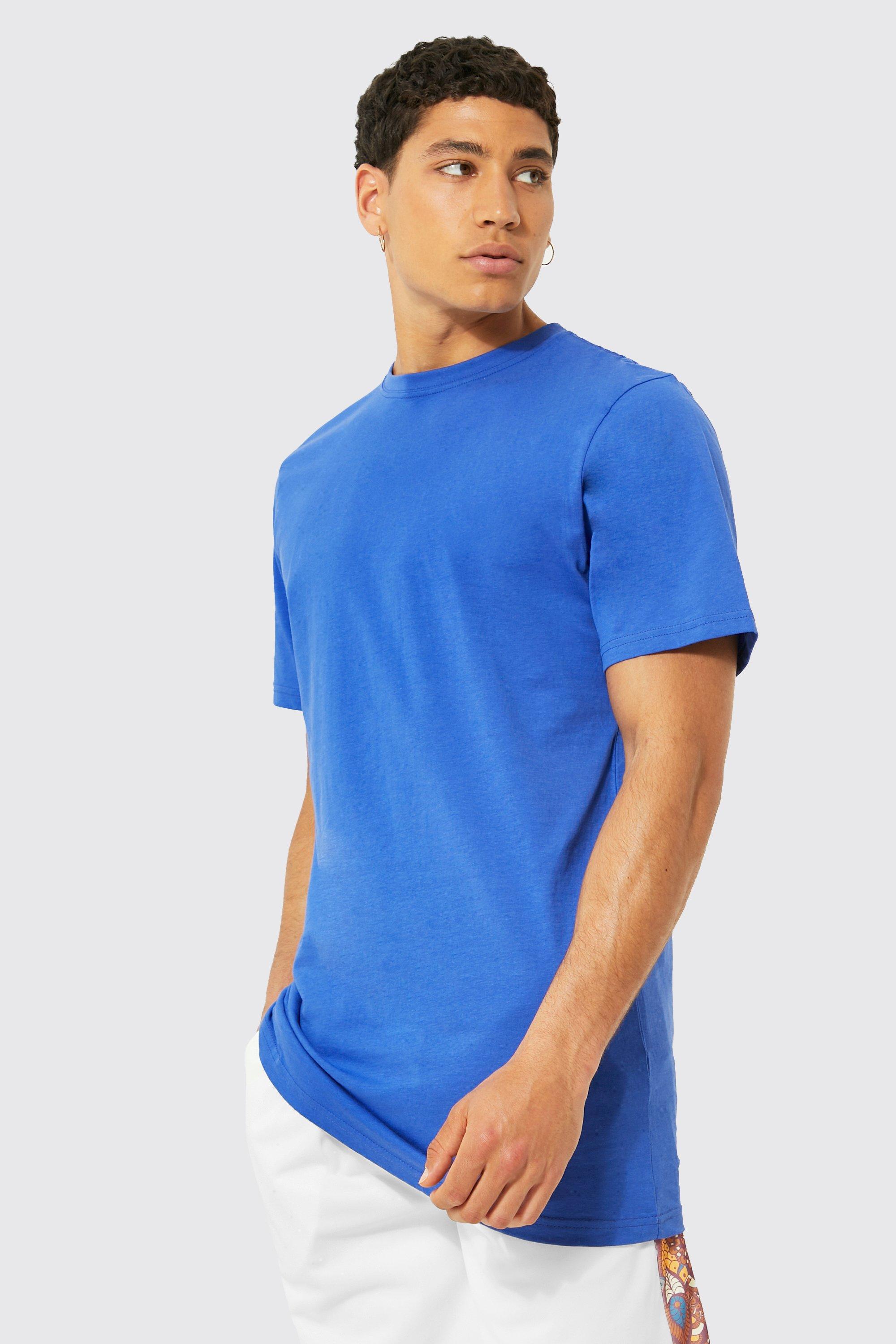 Mens Blue Basic Longline T-shirt, Blue