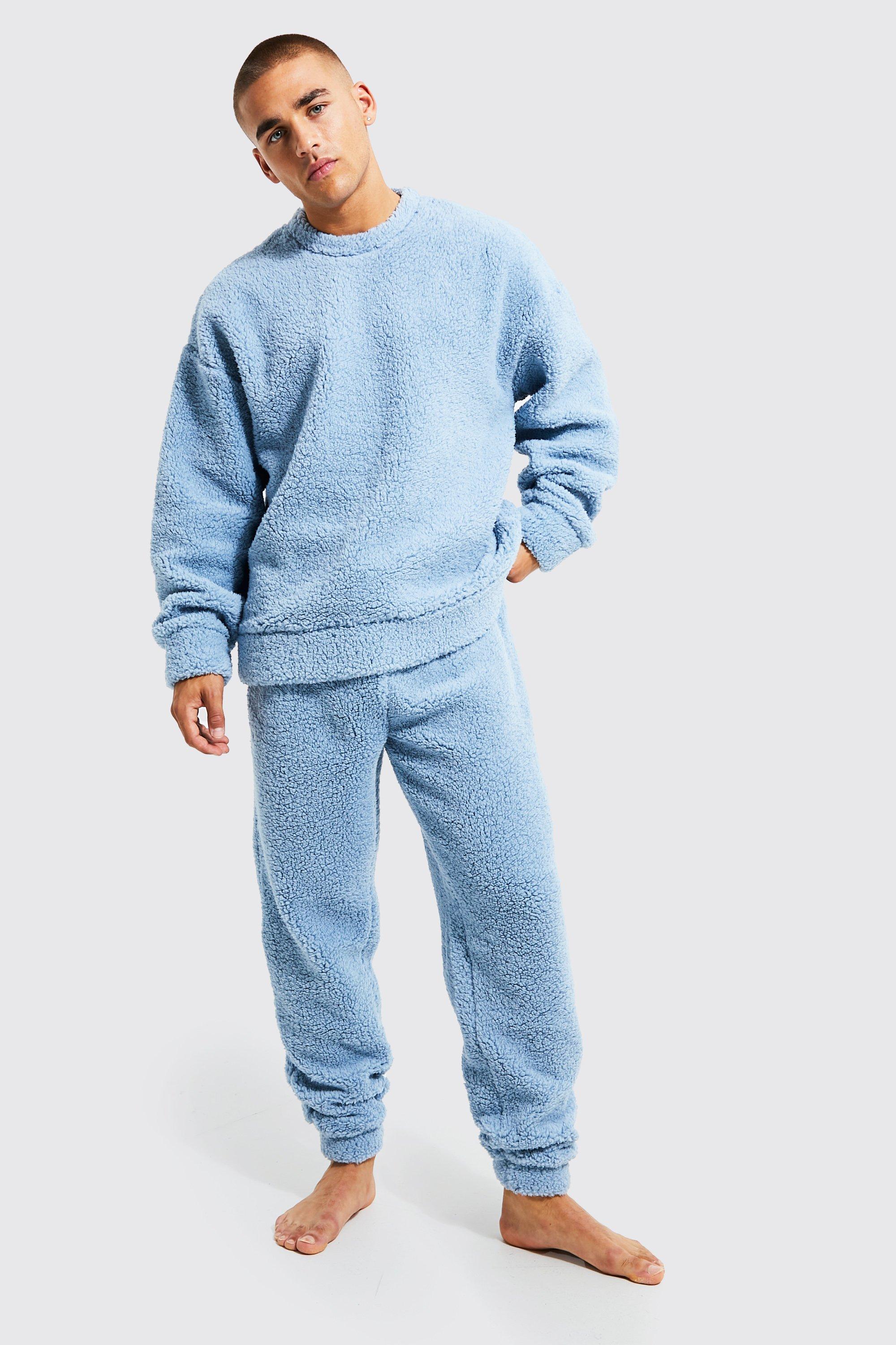 Mens Blue Borg Oversized jumper And Cuffed Jogger Loungewear Set, Blue