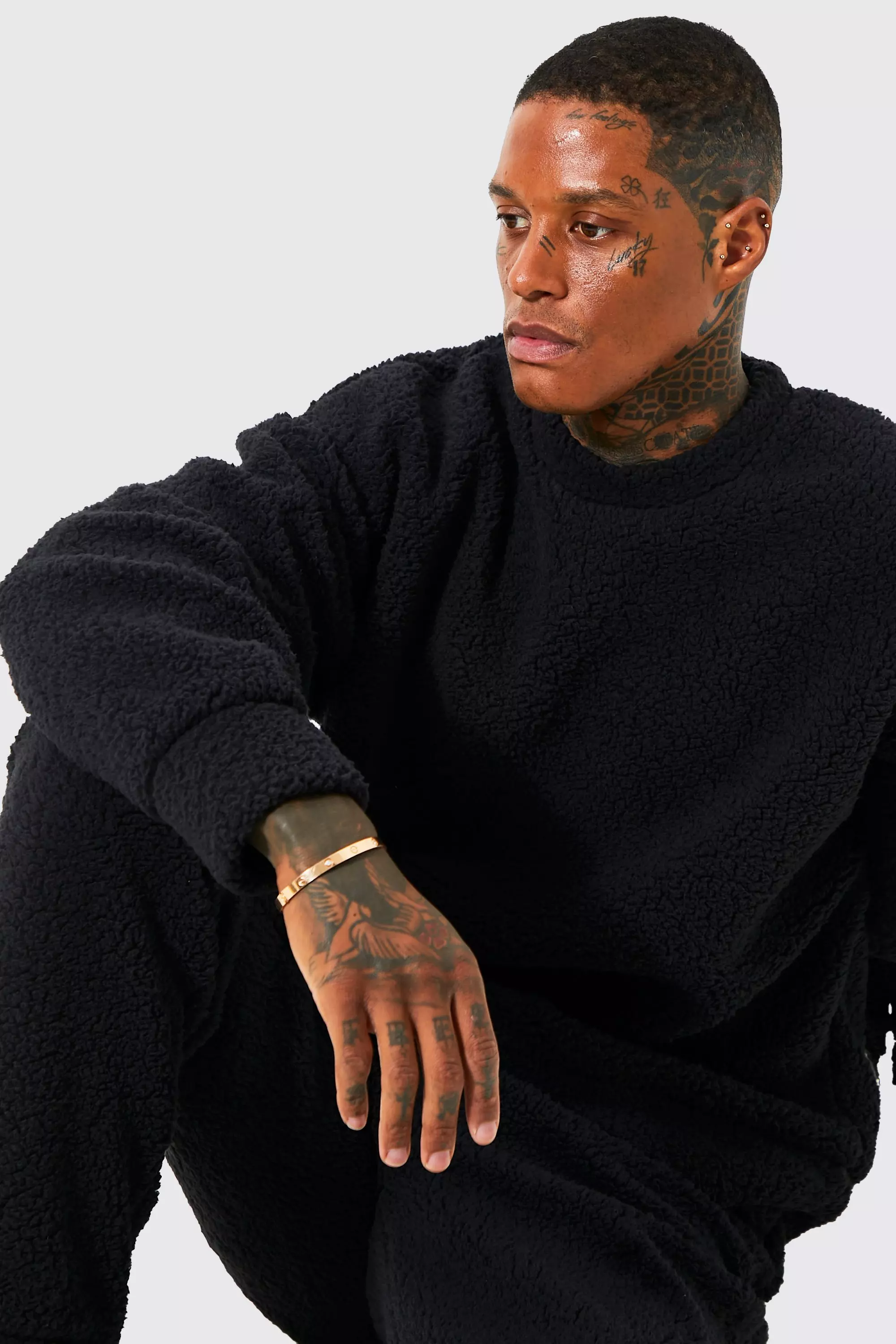 Borg Oversized Sweater And Cuffed Jogger Loungewear Set boohooMAN UK