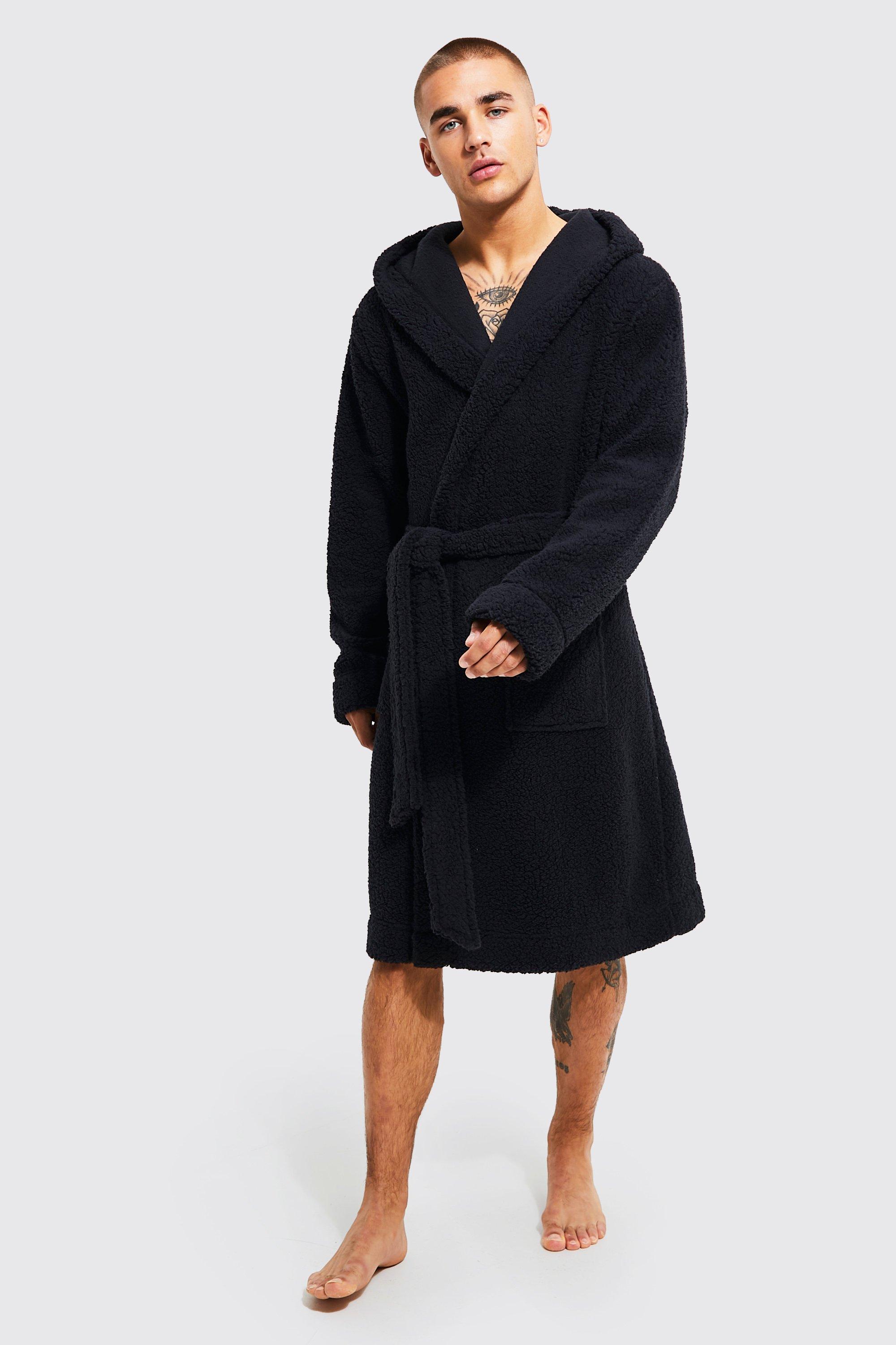 dressing gown de chambre à capuche en faux mouton homme - noir - m, noir