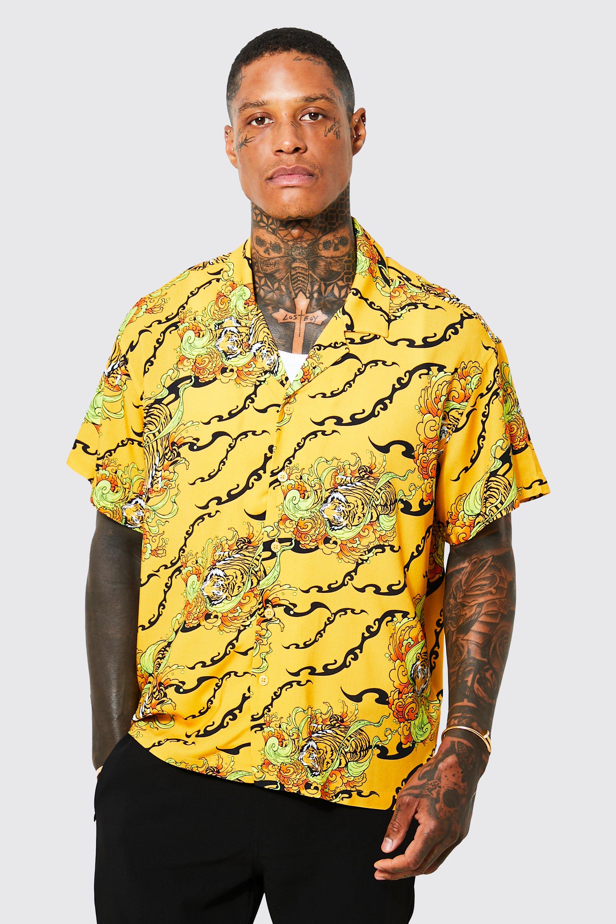 Mens Orange Tiger Oversized Boxy Revere Shirt, Orange